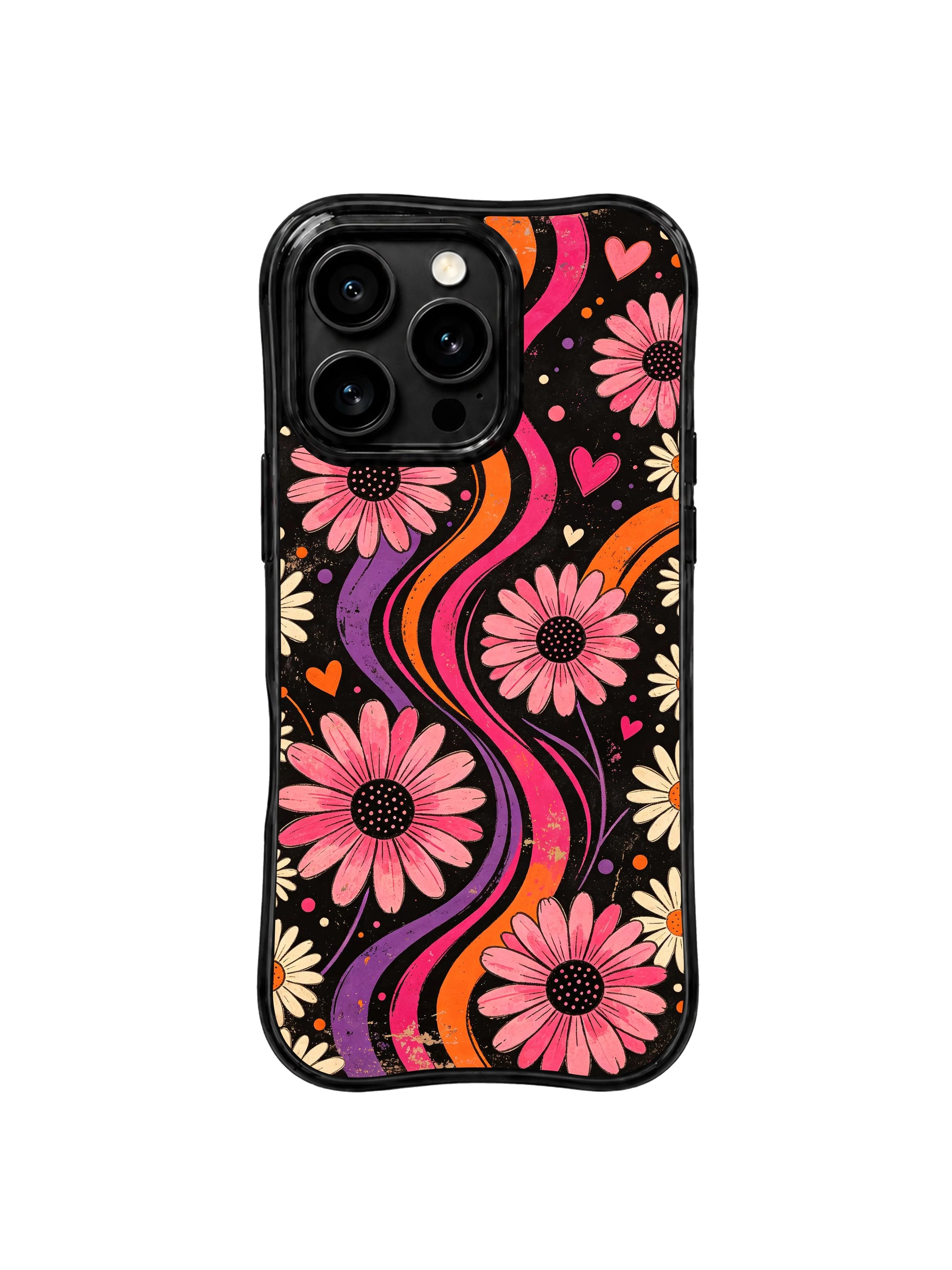PhoneCasing iPhone 16 pro Case with heavily distressed faded vintage grunge black poster grain backdrop, exclusive Ruby Daze Tangerine Love Field wearable wavy frame art.
