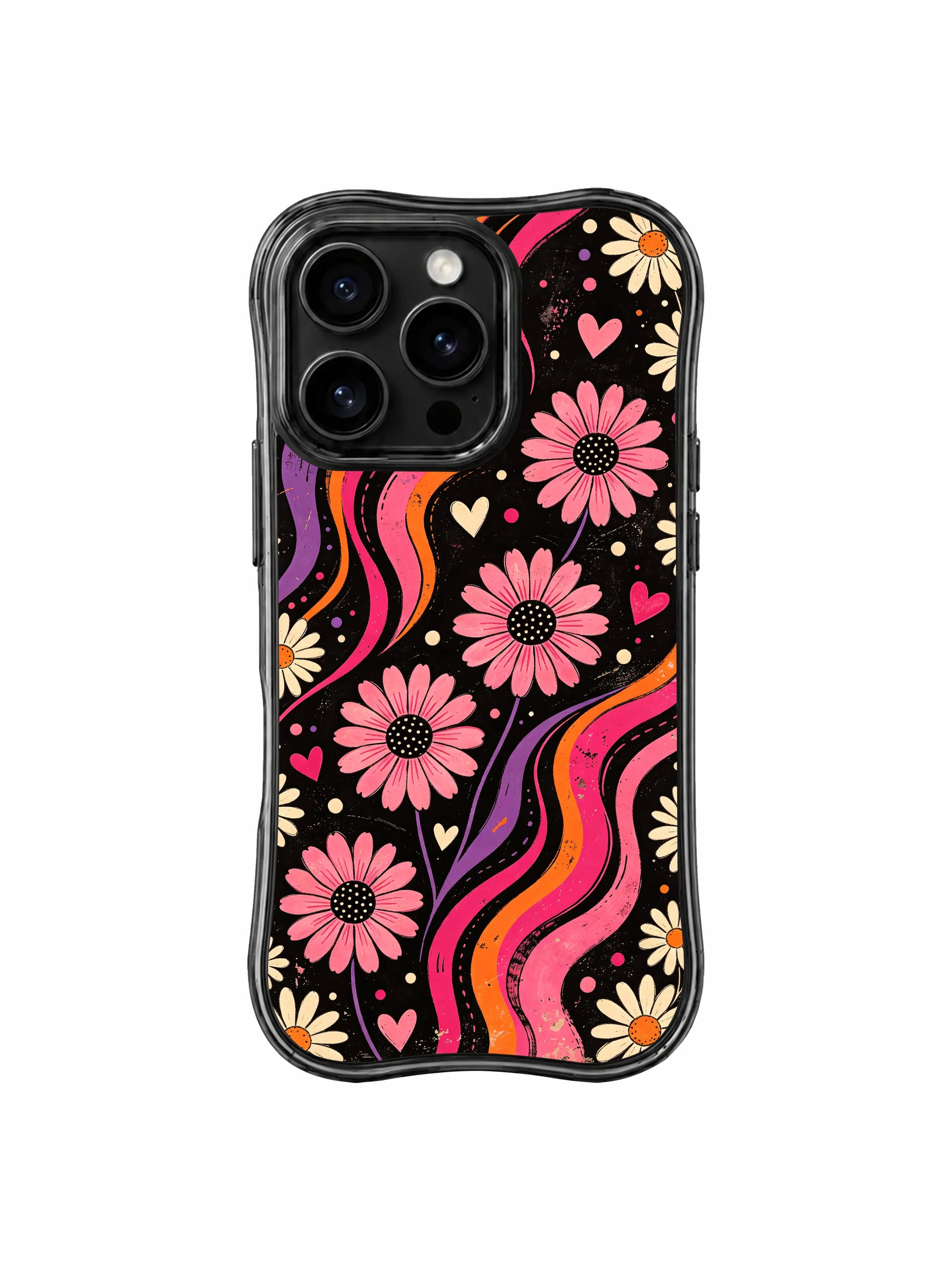 PhoneCasing iPhone 16 pro Case featuring soft floating blush & cream daisies lifted on dark vintage field from Ruby Daze Tangerine Love Field, wavy black frame premium art casing for iPhone 16 pro.