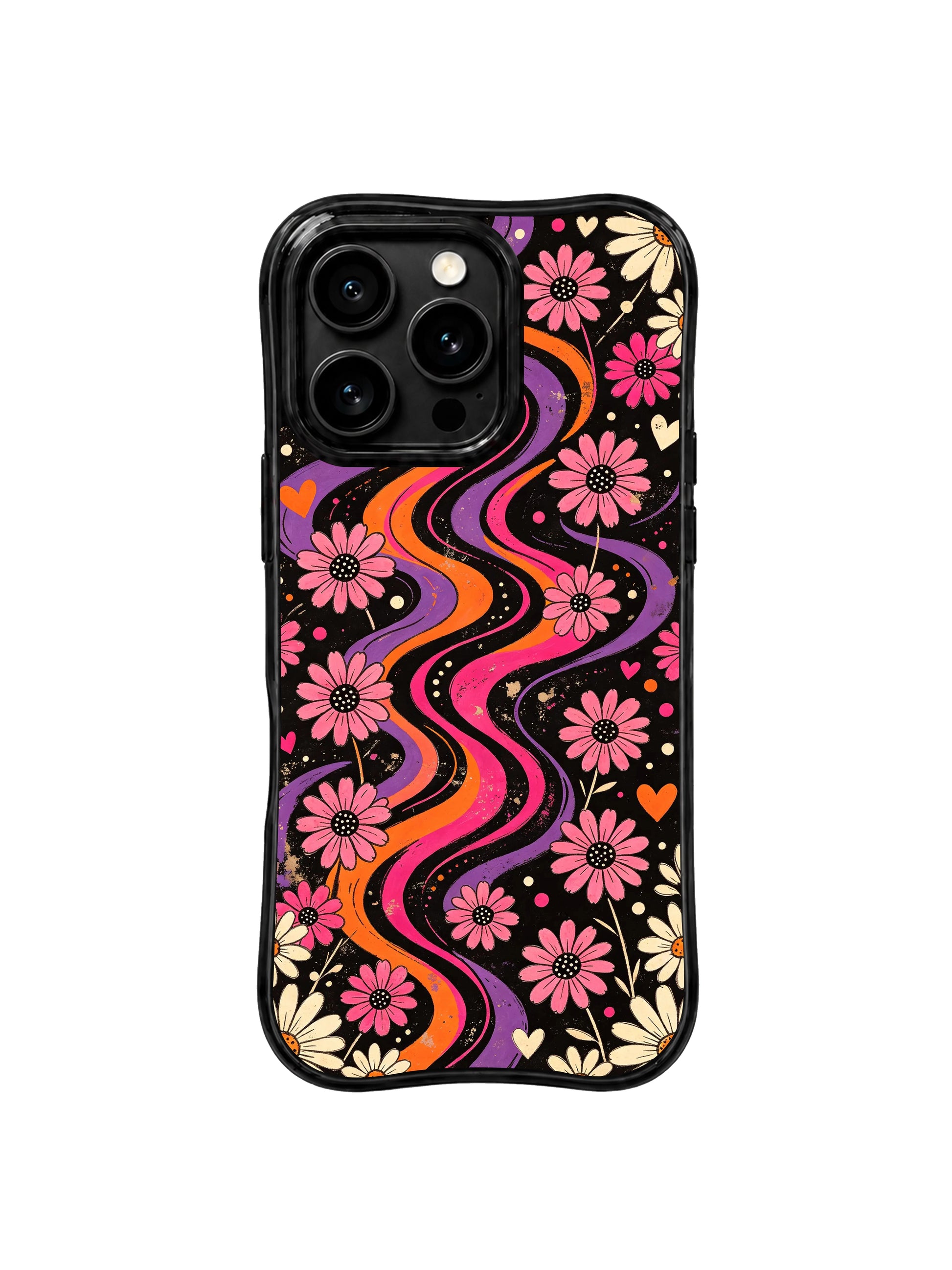 PhoneCasing iPhone 16 pro Case with gentle nostalgic swirl daisy graphics themed on quiet intimate unspoken romance, Ruby Daze Daisy Love Riot printed wavy art casing.