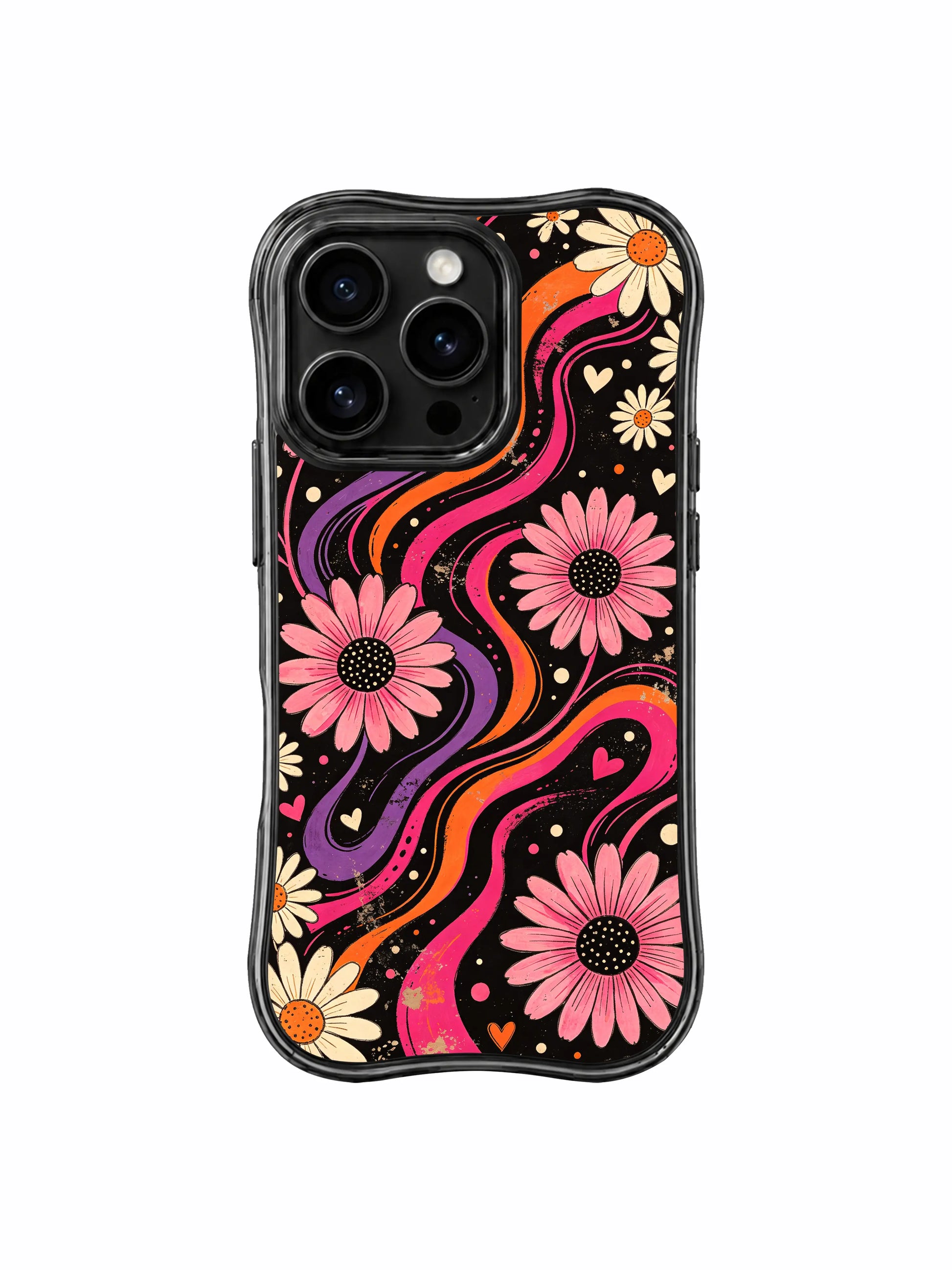 PhoneCasing iPhone 16 pro Case with tender imperfect organic hand-drawn outlines around floating daisy petals, Ruby Daze handmade vintage psychedelic art, gallery-grade wavy print casing.