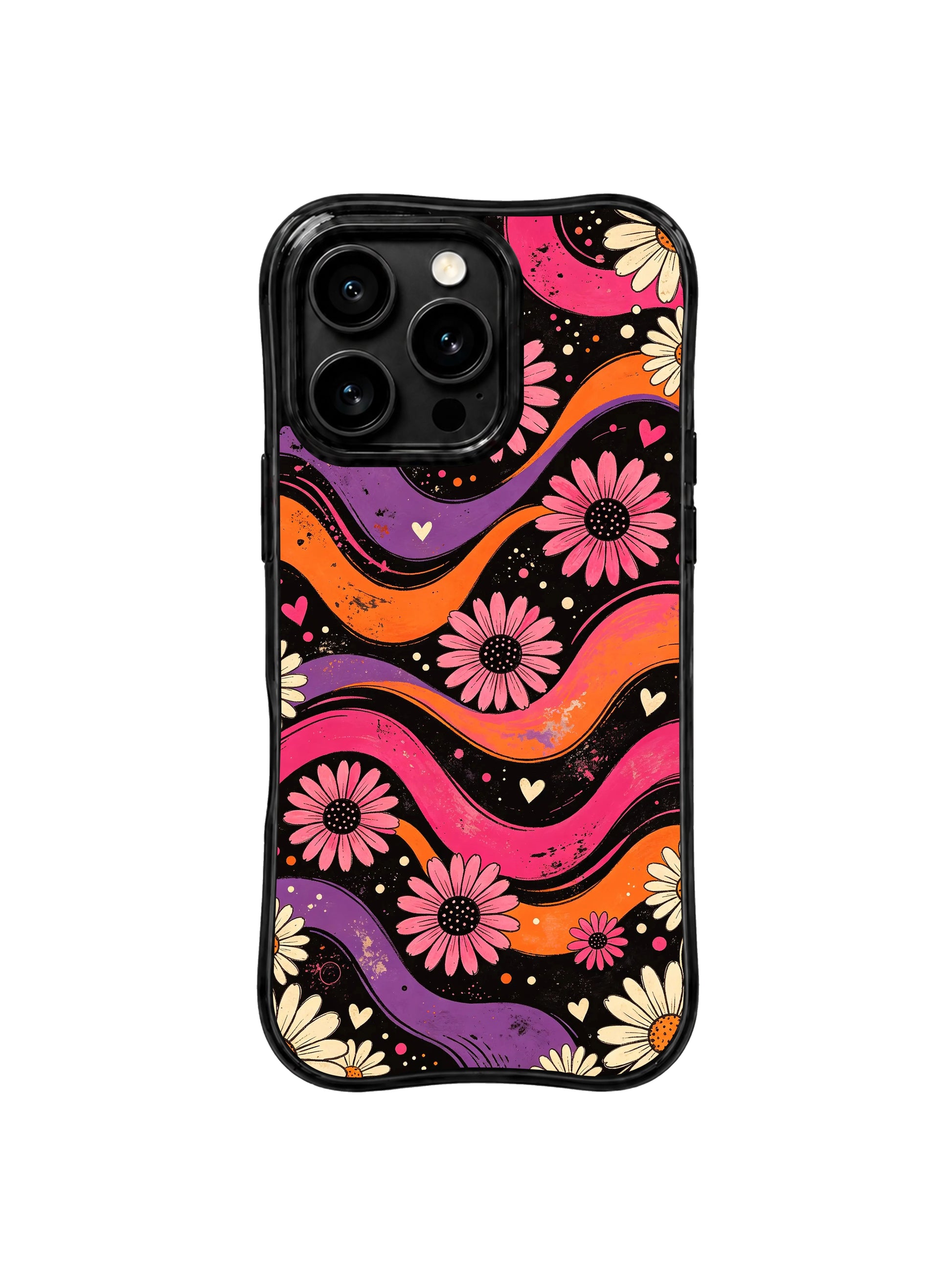 PhoneCasing iPhone 16 pro Case with soft warm nostalgic tangerine palette paired with moody dark grunge black daisy field artwork, Ruby Daze Tangerine Love Field signature swirl pop print, premium wearable wavy black floral casing.