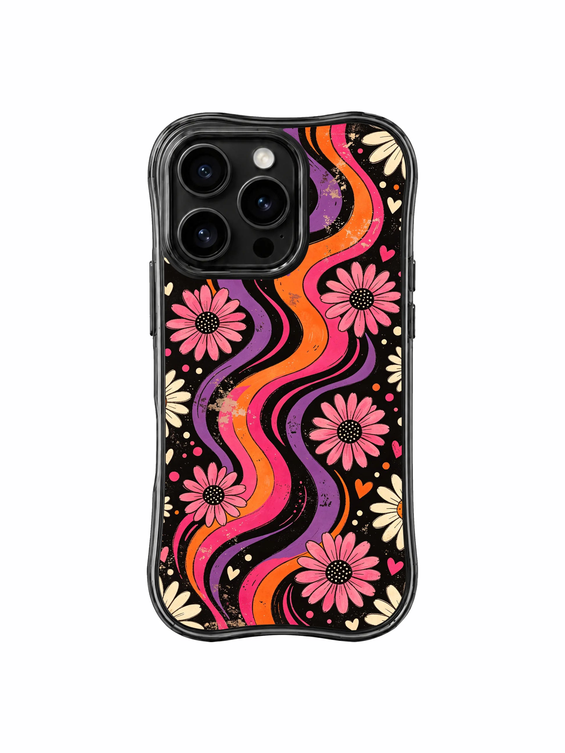 PhoneCasing iPhone 16 pro Case with heavily distressed faded vintage grunge black poster grain backdrop, exclusive Ruby Daze Tangerine Love Field wearable wavy frame art.