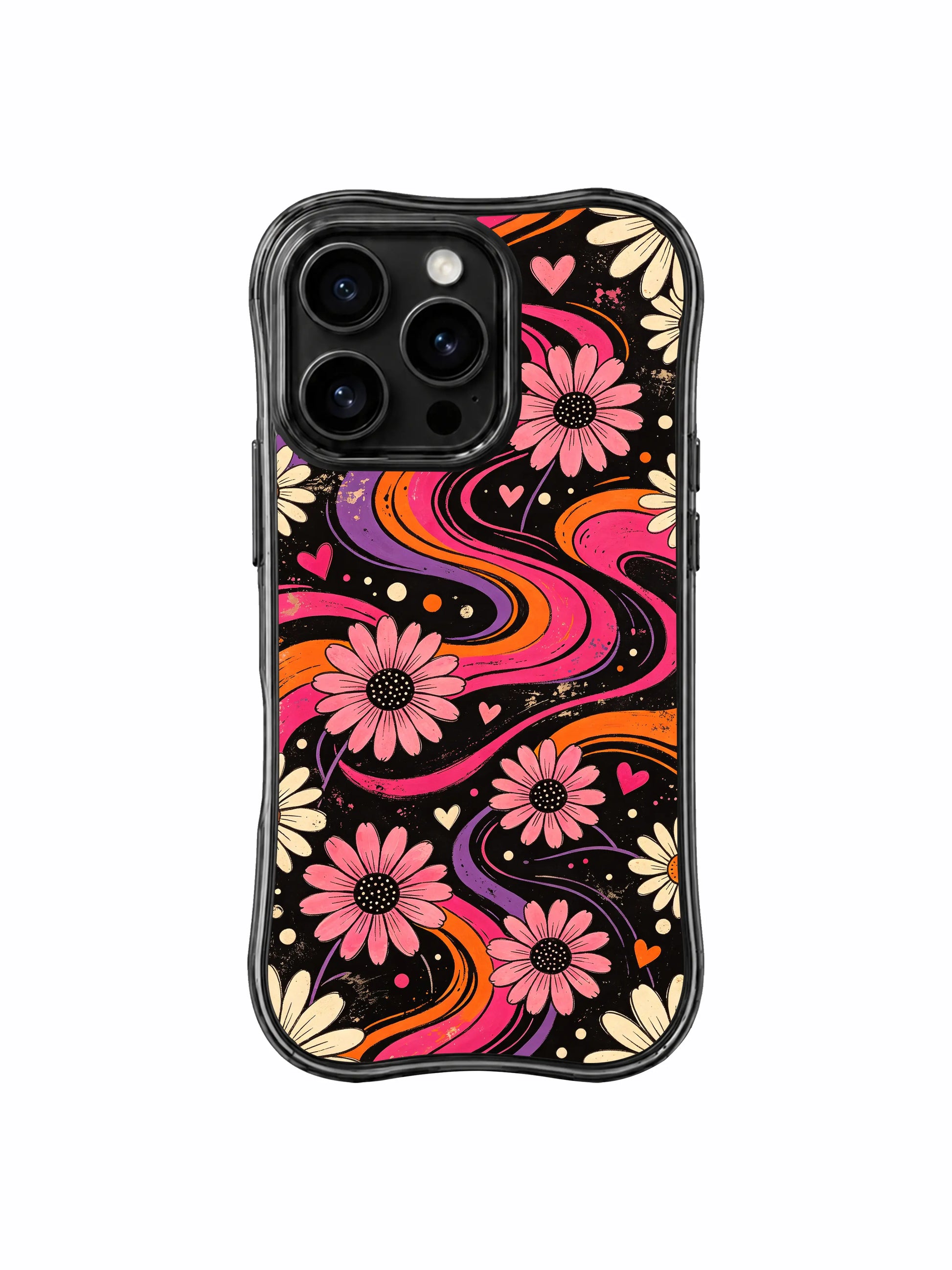 PhoneCasing iPhone 16 pro Case with tiny subtle glowing tangerine heart doodles scattered among swirls and daisies, Ruby Daze warm retro romantic pop art, scratch-resistant wavy casing.