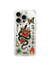 Rose-coiled snake with dagger, skull and stars artwork on an iPhone 15 Pro case