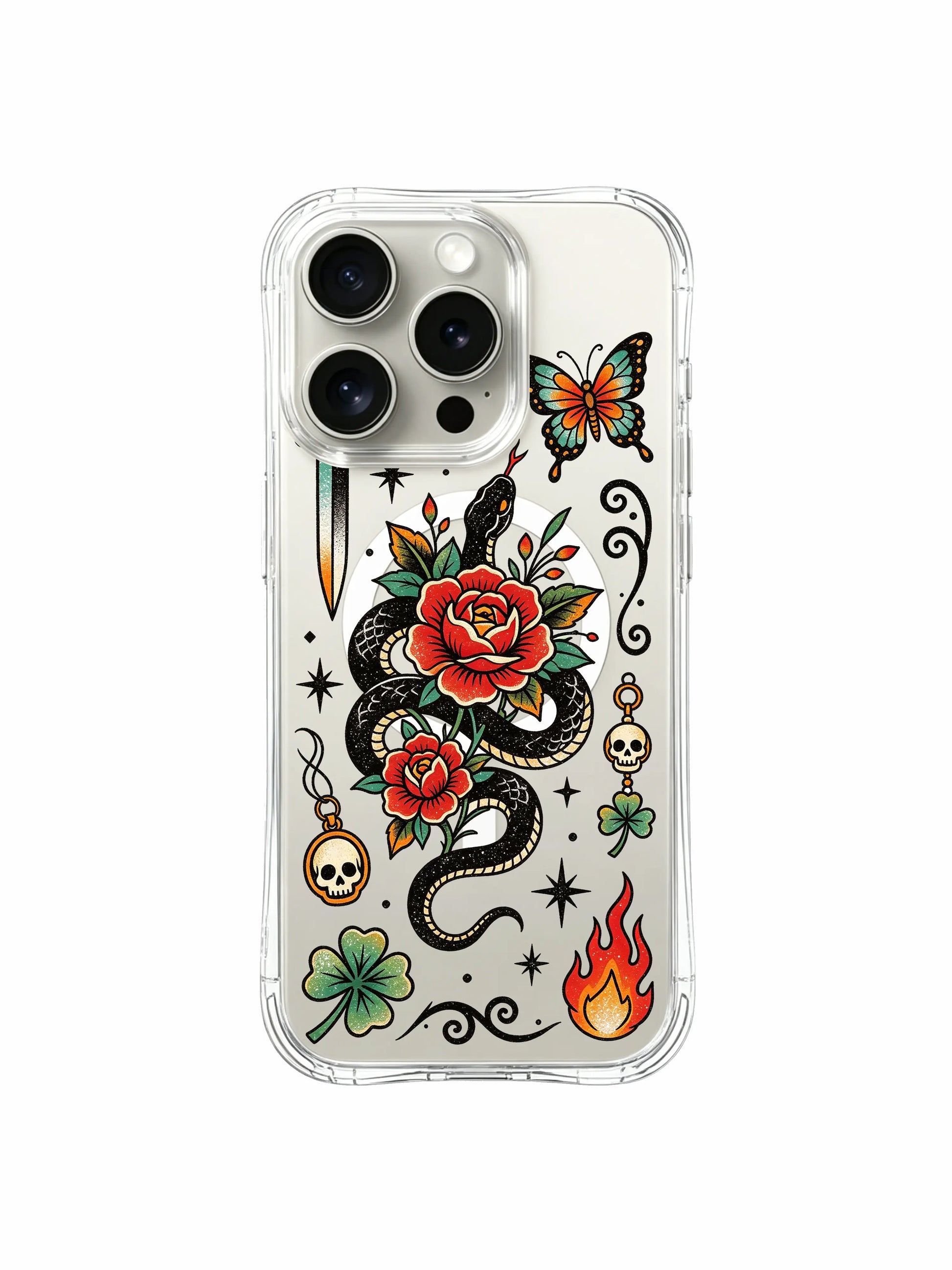 PhoneCasing iPhone 15 pro Case with chain tassel skull, left vertical dagger and full rose coiled snake, scattered star accents, luxury gift-ready transparent iPhone 15 pro casing.