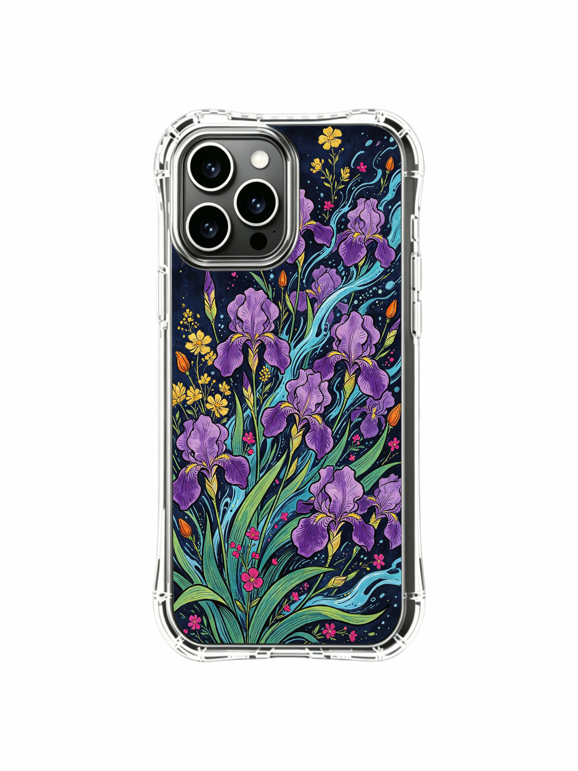 PhoneCasing iPhone 16 Pro Max Case with a teal and purple surge design, a vivid mix of flowers and flowing leaves.
