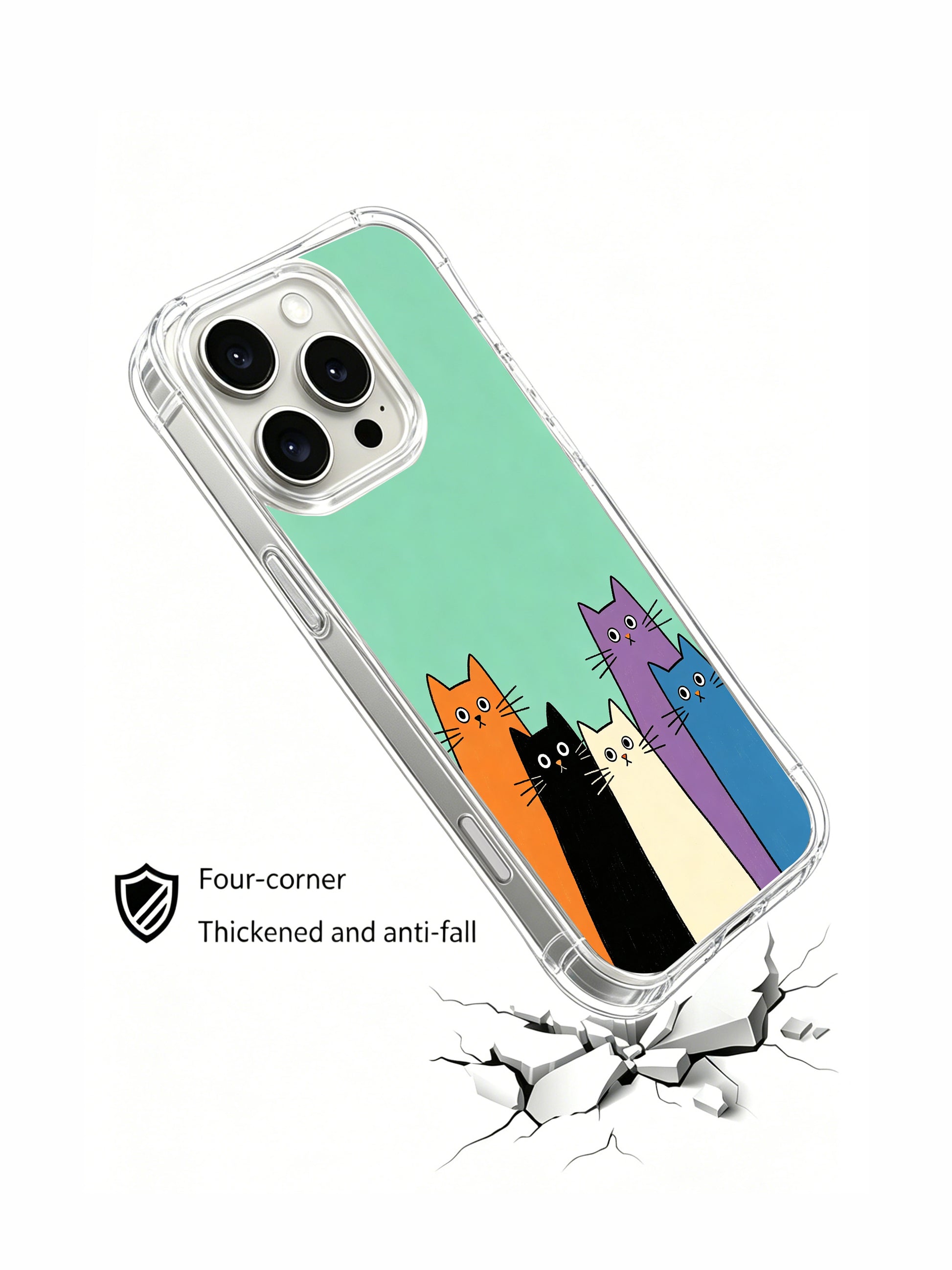 PhoneCasing iPhone 16 Pro Max with Teal Background Cat Group print, minimalist and playful hand-drawn cats that add rhythm and humor to your day.