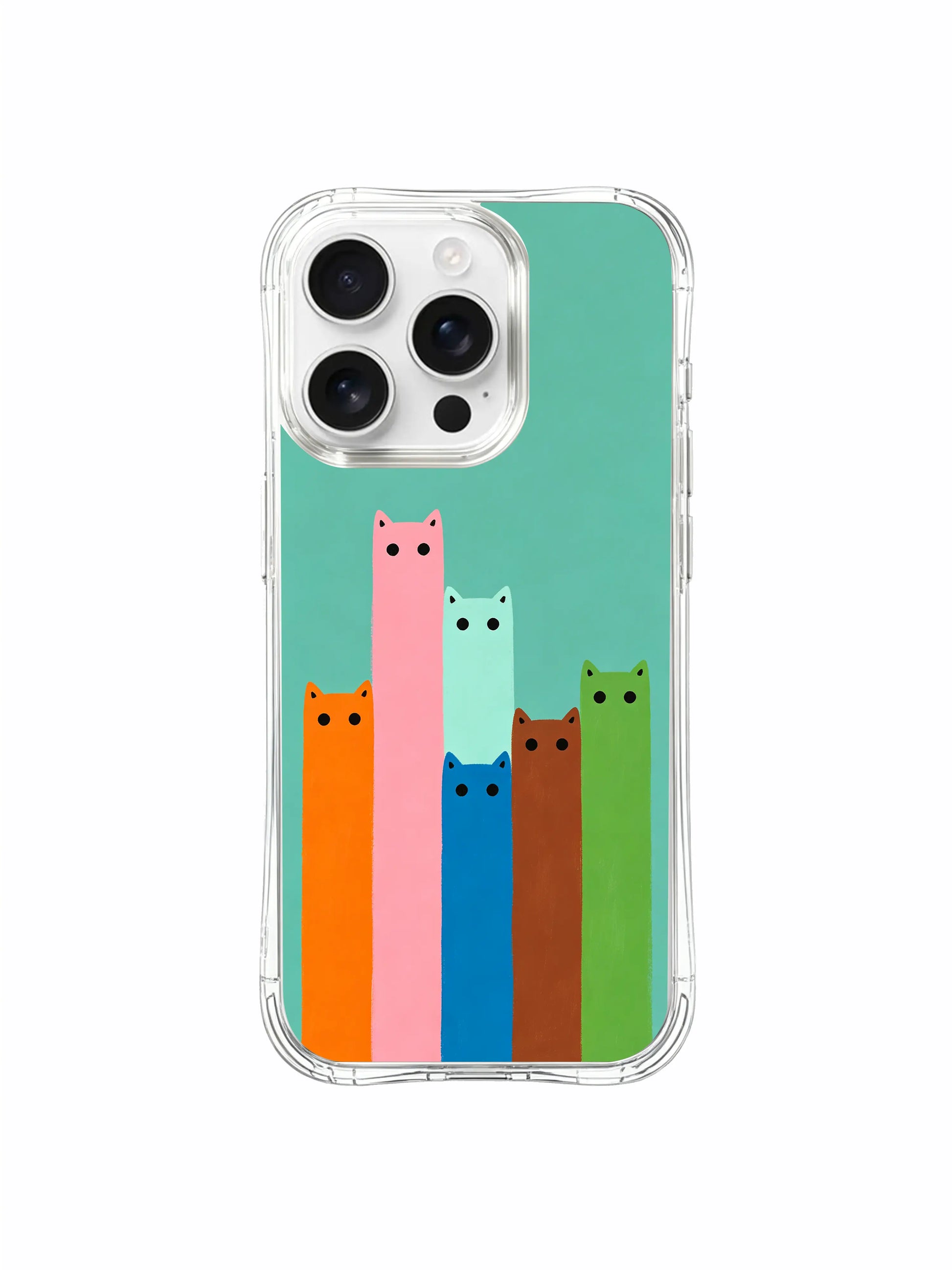 PhoneCasing iPhone 16 Pro Max featuring Teal Background Elevator Cats, a playful group of colorful cats that bring rhythm and humor to everyday use.