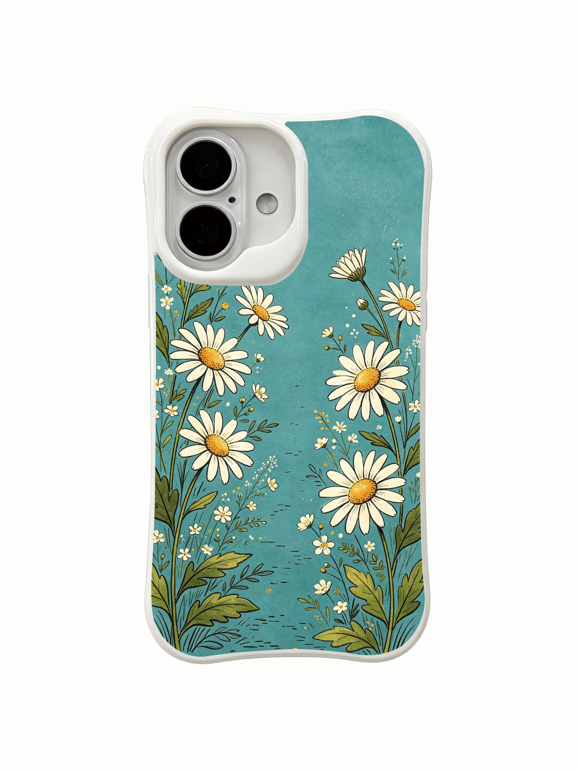 PhoneCasing teal dreamy floral trail iPhone 16 Plus Case, vivid scene of daisies framing a whimsical blue path.