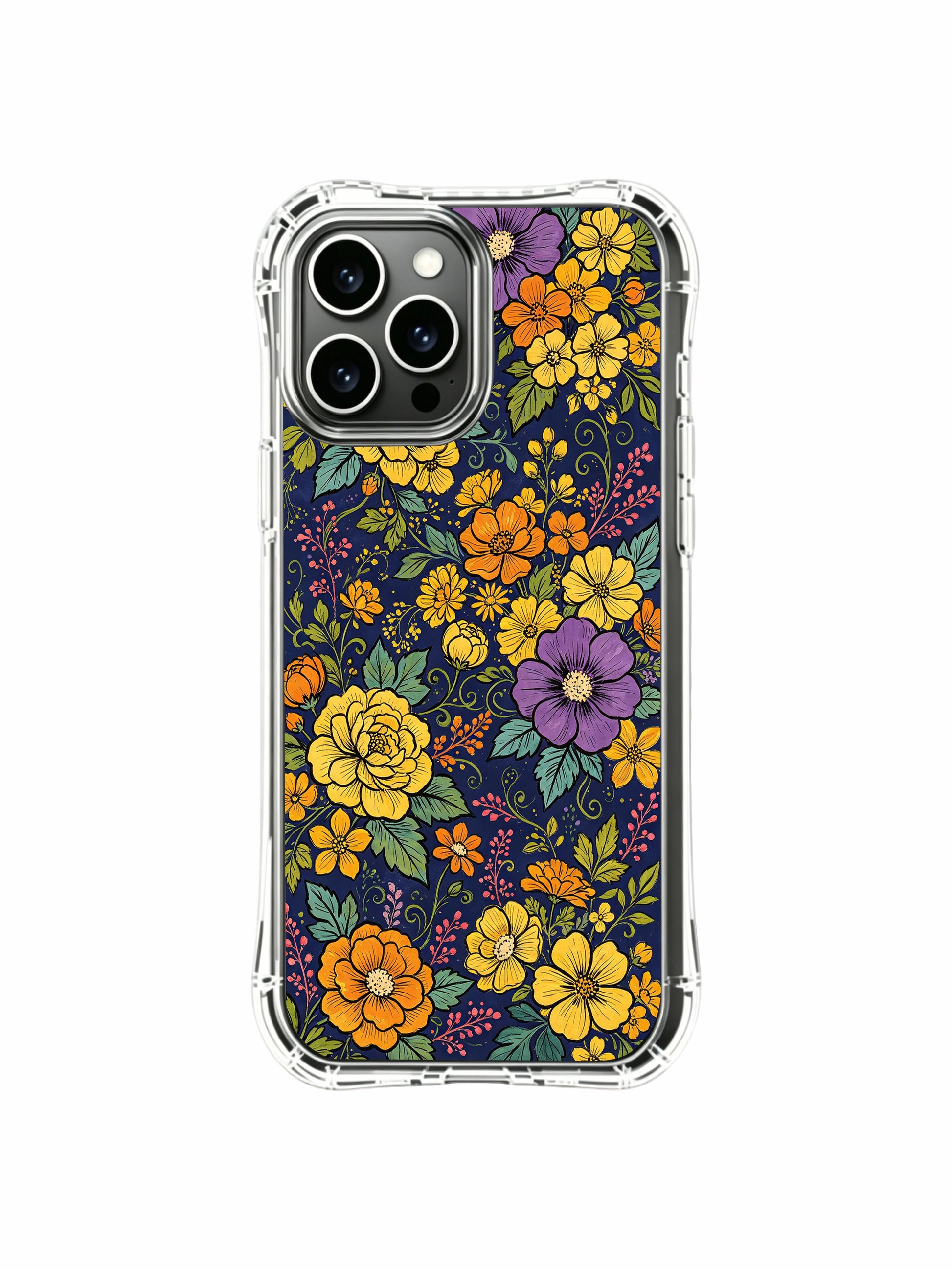PhoneCasing iPhone 16 Pro Max Case with teal leaf accents on a night floral print, balancing warmth and depth.