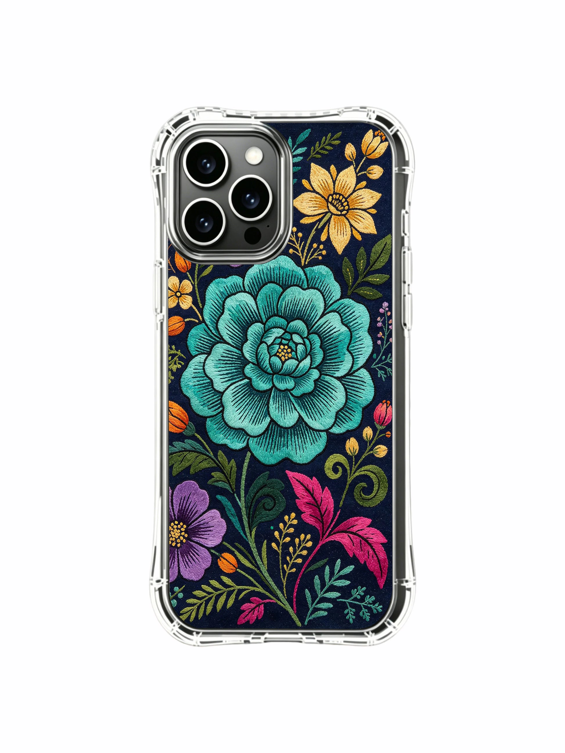 PhoneCasing iPhone 16 Pro Max Case with teal night garden art by Elias Nocturne. Intricate floral composition, aesthetic illustrated case crafted in California.