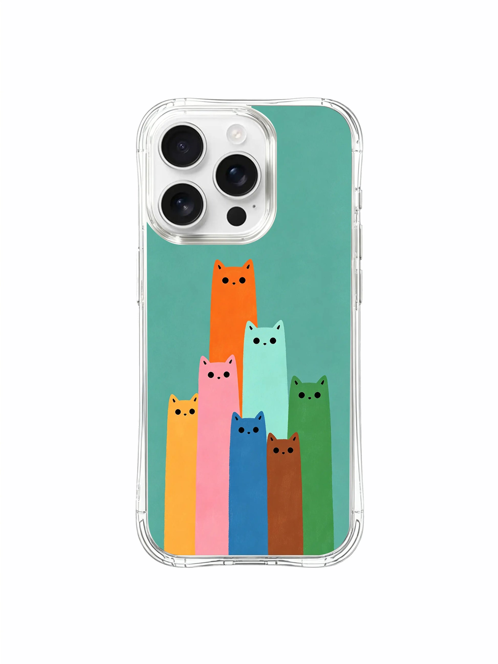 PhoneCasing iPhone 16 Pro Max with Teal Sky Rising Kitties print, cats that climb slowly, bringing a calm, cheerful rhythm to your phone case.