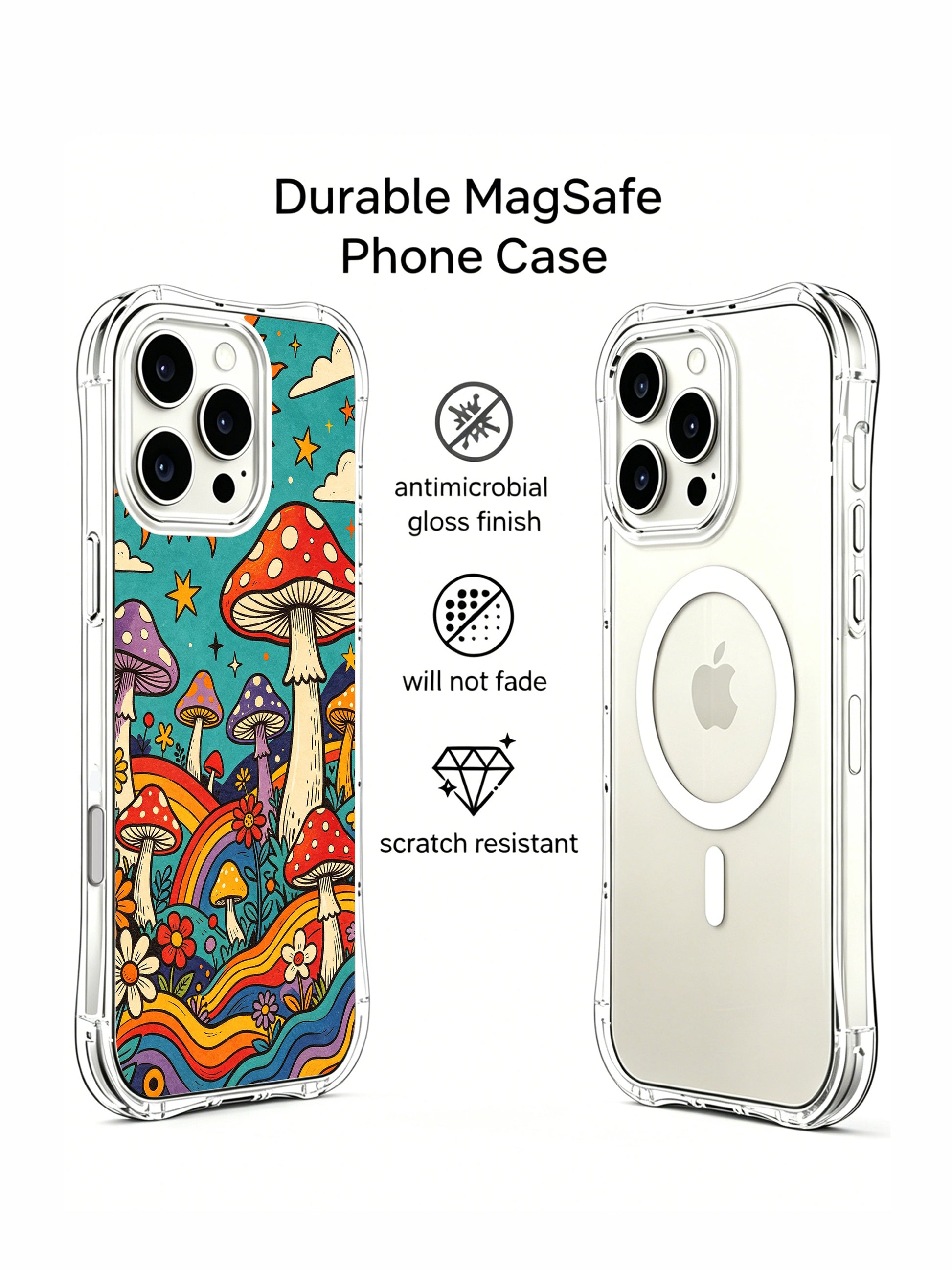 PhoneCasing iPhone 16 pro max Case, scratch-resistant anti-fade fine art casing dotted with gold stars & cream clouds above vibrant wildflower mushroom valley, collectible luxury wearable casing for art enthusiasts