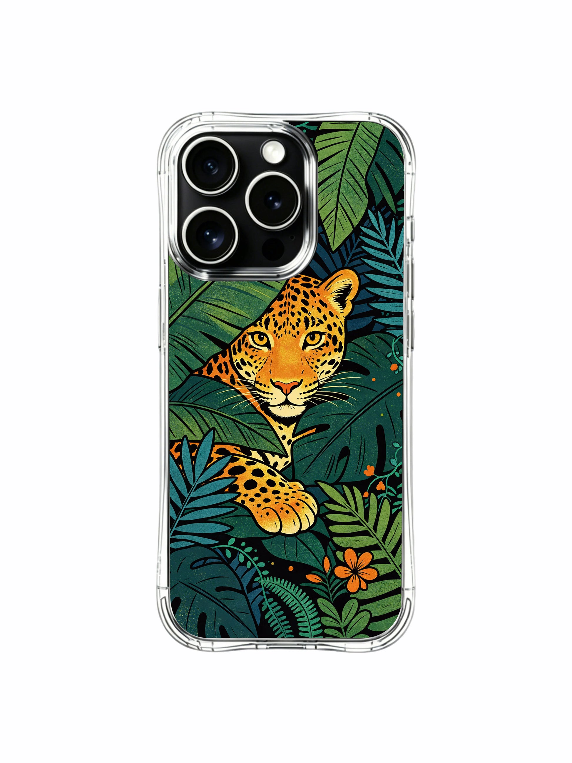 Curly teal vine and fern weaving around leaf-concealed wild jaguar design iPhone 13 pro Case from PhoneCasing, anti-crack flexible iPhone 13 pro casing, trendy boho rainforest printed phone cover.