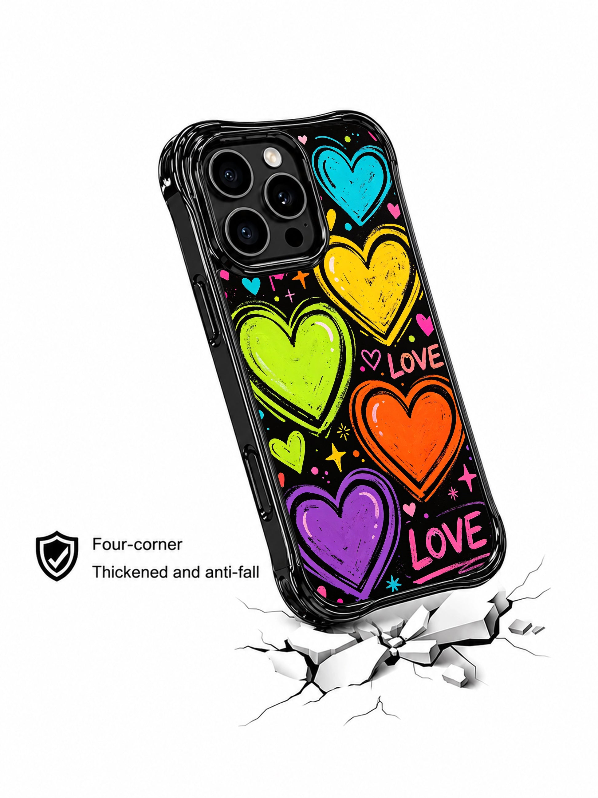 Eye-catching teen expressive valentine PhoneCasing iPhone 13 Pro Max cover, bold cartoon textured Loud Love Energy pop heart galaxy, overlapping neon crayon bouncing hearts, high contrast dark shell for daily wear