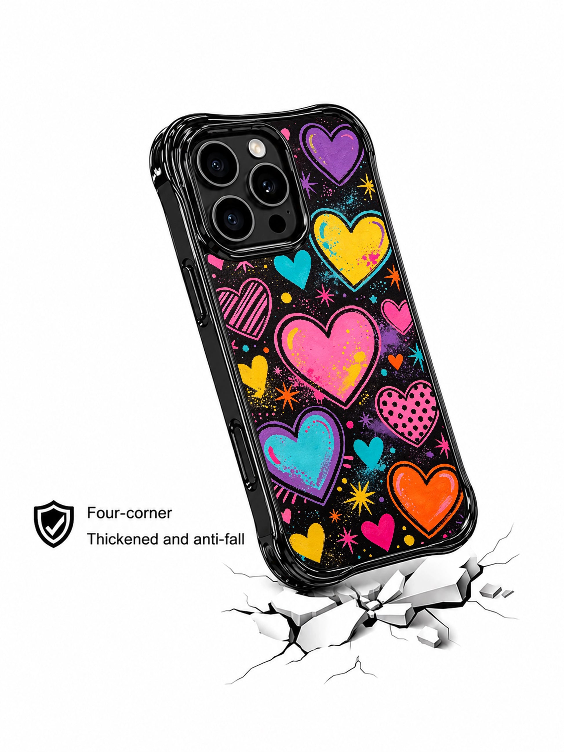 Eye-catching teen valentine PhoneCasing iPhone 13 Pro Max cover, bold cartoon textured Heart Pop Universe pop heart galaxy, overlapping neon crayon hearts, high contrast dark shell for daily wear