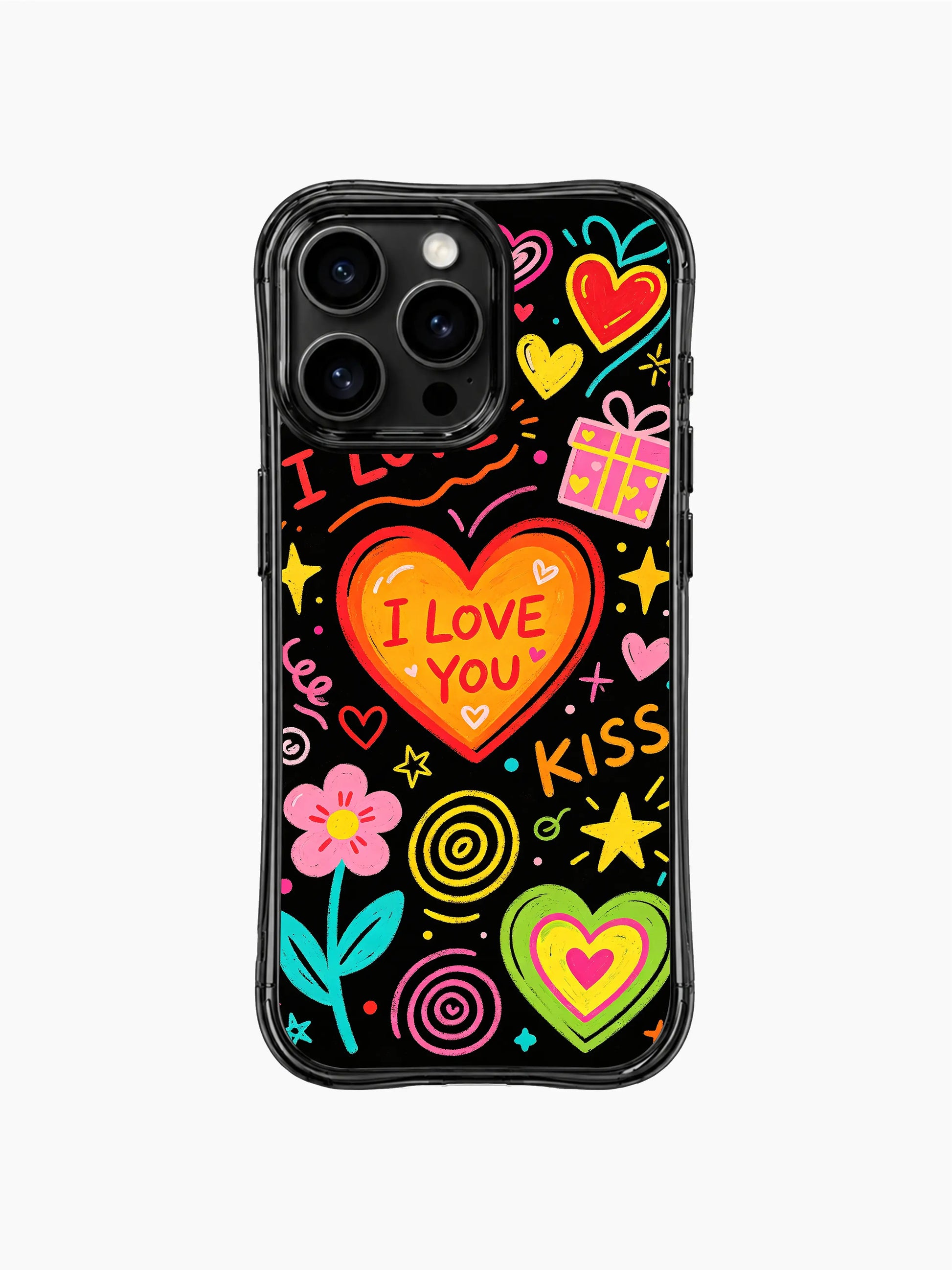 Friendly teen valentine PhoneCasing iPhone 13 Pro Max cover, cute cartoon chalk young love poster, smiley heart and daisy doodles, casual soft romantic print for daily use