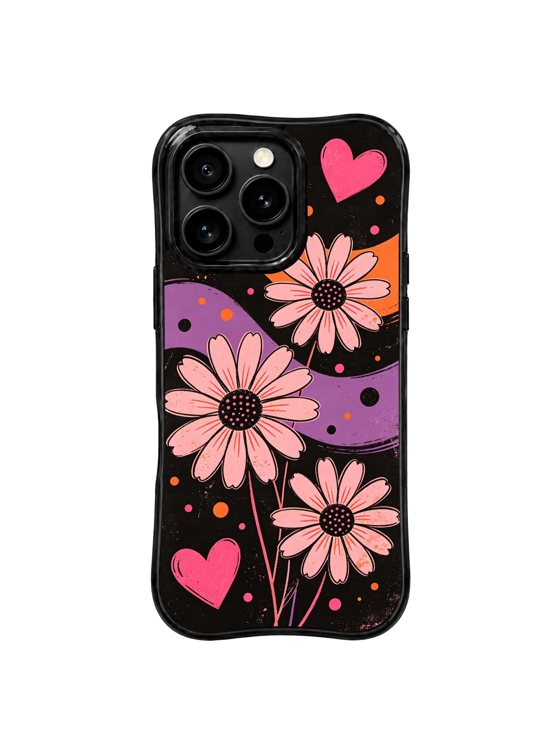 PhoneCasing iPhone 16 pro Case with quiet gentle yet unshakable hopeful vibe soft blush daisies blooming across textured vintage grunge black fluid ribbon backdrop, Ruby Daze original moody dark pastel pop art, premium print casing crafted in California.