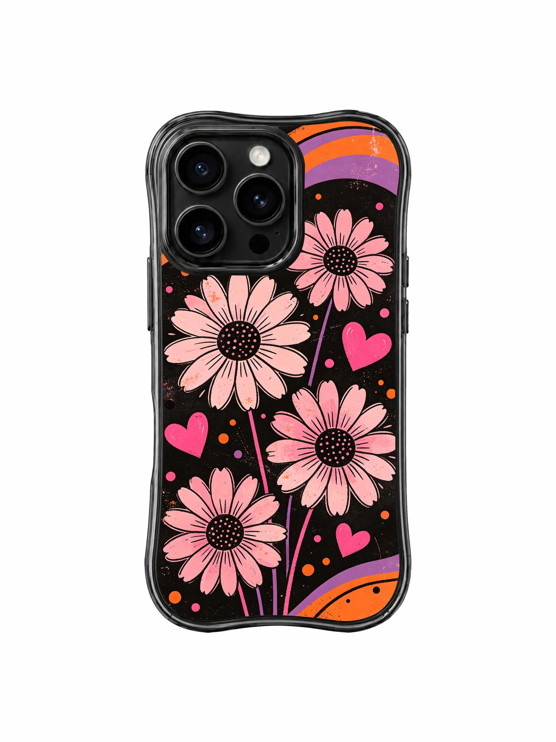 PhoneCasing iPhone 16 pro Case with quiet gentle yet unshakable hopeful vibe soft blush daisies blooming across textured vintage grunge black fluid ribbon backdrop, Ruby Daze original moody dark pastel pop art, premium print casing crafted in California.