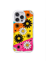 PhoneCasing iPhone 16 pro Case with authentic textured marker wash color blocks and thick rough black marker daisy outlines, exclusive Ruby Daze Daisy Love Carnival floral artwork, scratch resistant phone protection.
