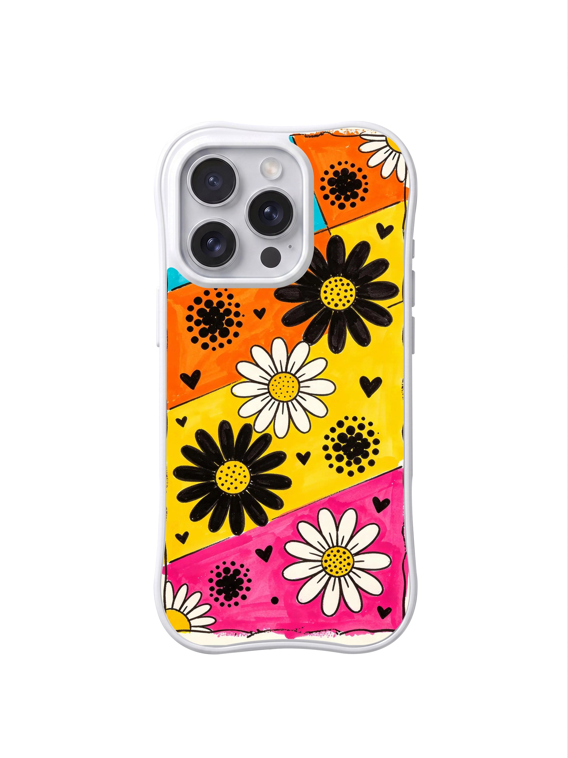 PhoneCasing iPhone 16 pro Case with authentic textured marker wash color blocks and thick rough black marker daisy outlines, exclusive Ruby Daze Daisy Love Carnival floral artwork, scratch resistant phone protection.