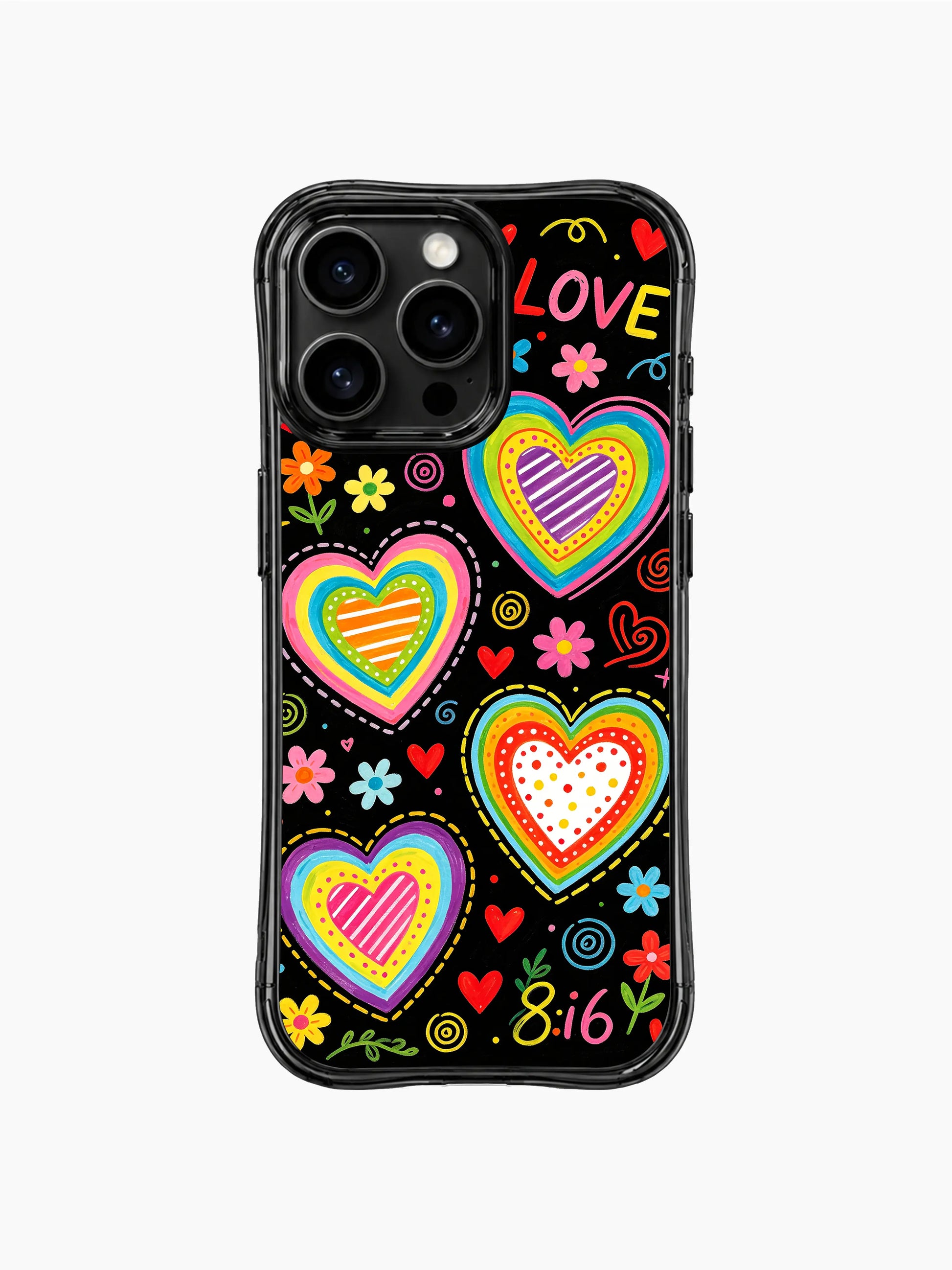 Textured crayon finish PhoneCasing iPhone 13 Pro Max casing, playful candy store heart doodle artwork, matte black base with vivid multi rainbow nested heart outlines