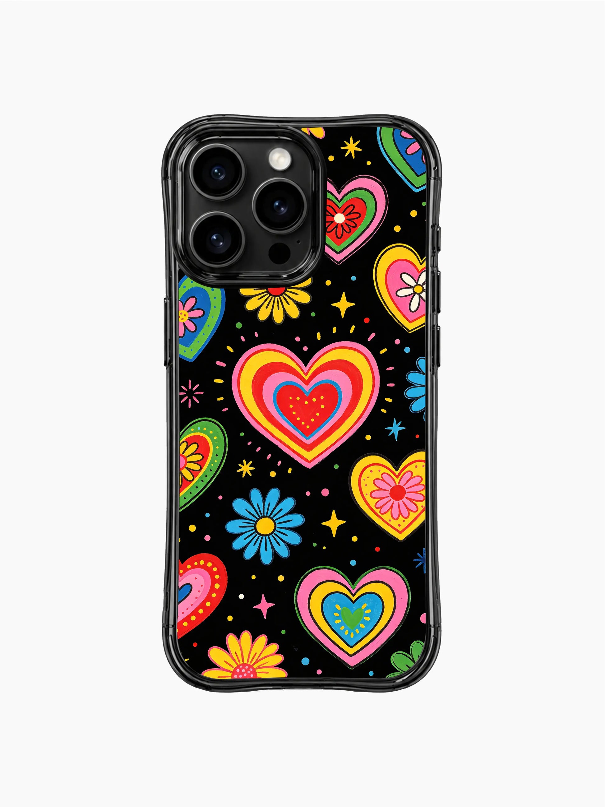 Textured crayon finish PhoneCasing iPhone 13 Pro Max casing, dreamy midnight bloom floral heart doodle artwork, matte midnight black base with vivid multi neon nested heart outlines & daisy blooms