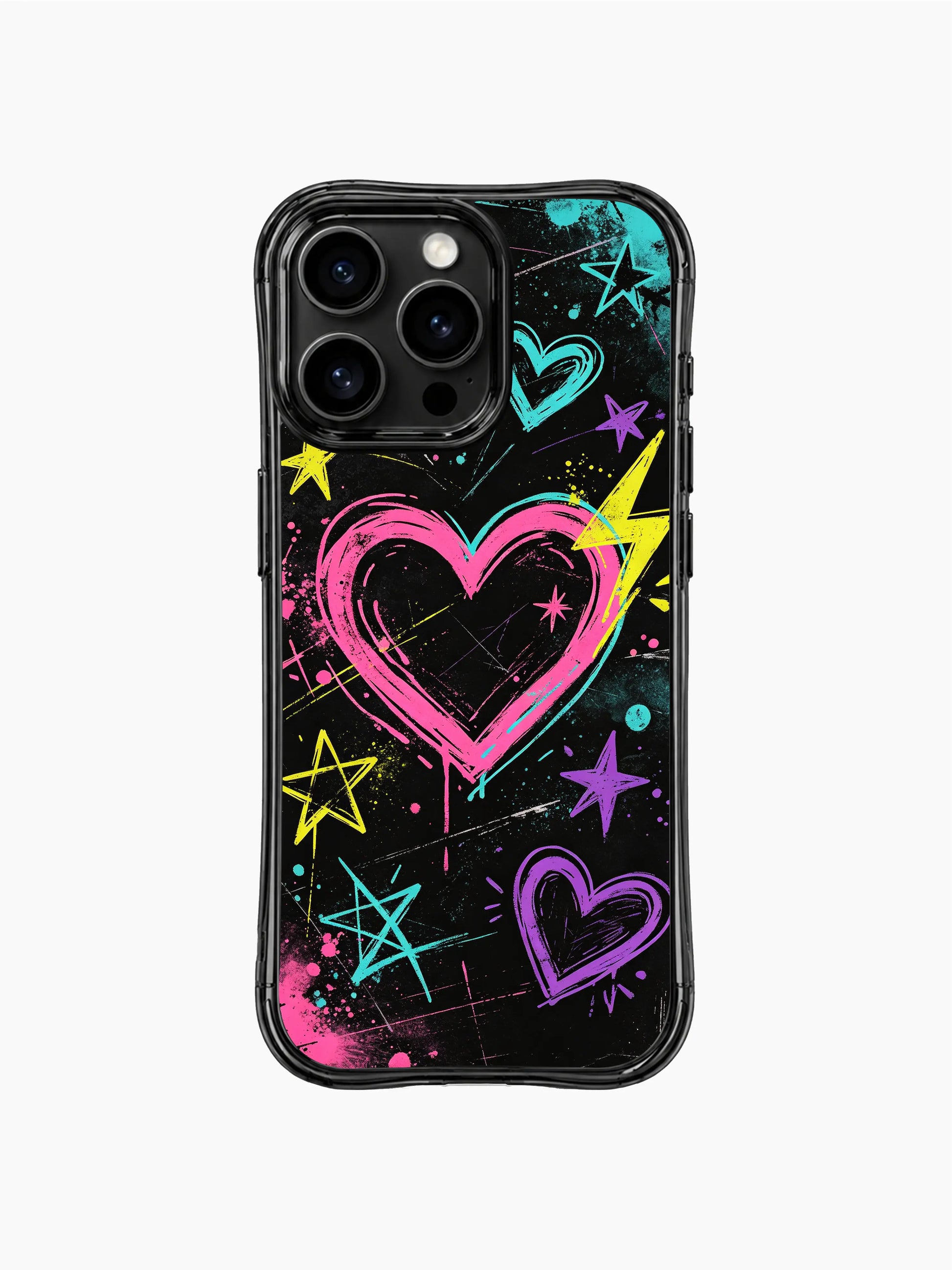 Textured crayon finish PhoneCasing iPhone 13 Pro Max casing, alternative rebel love graffiti artwork, dark grunge black base with multi neon pastel heart outlines