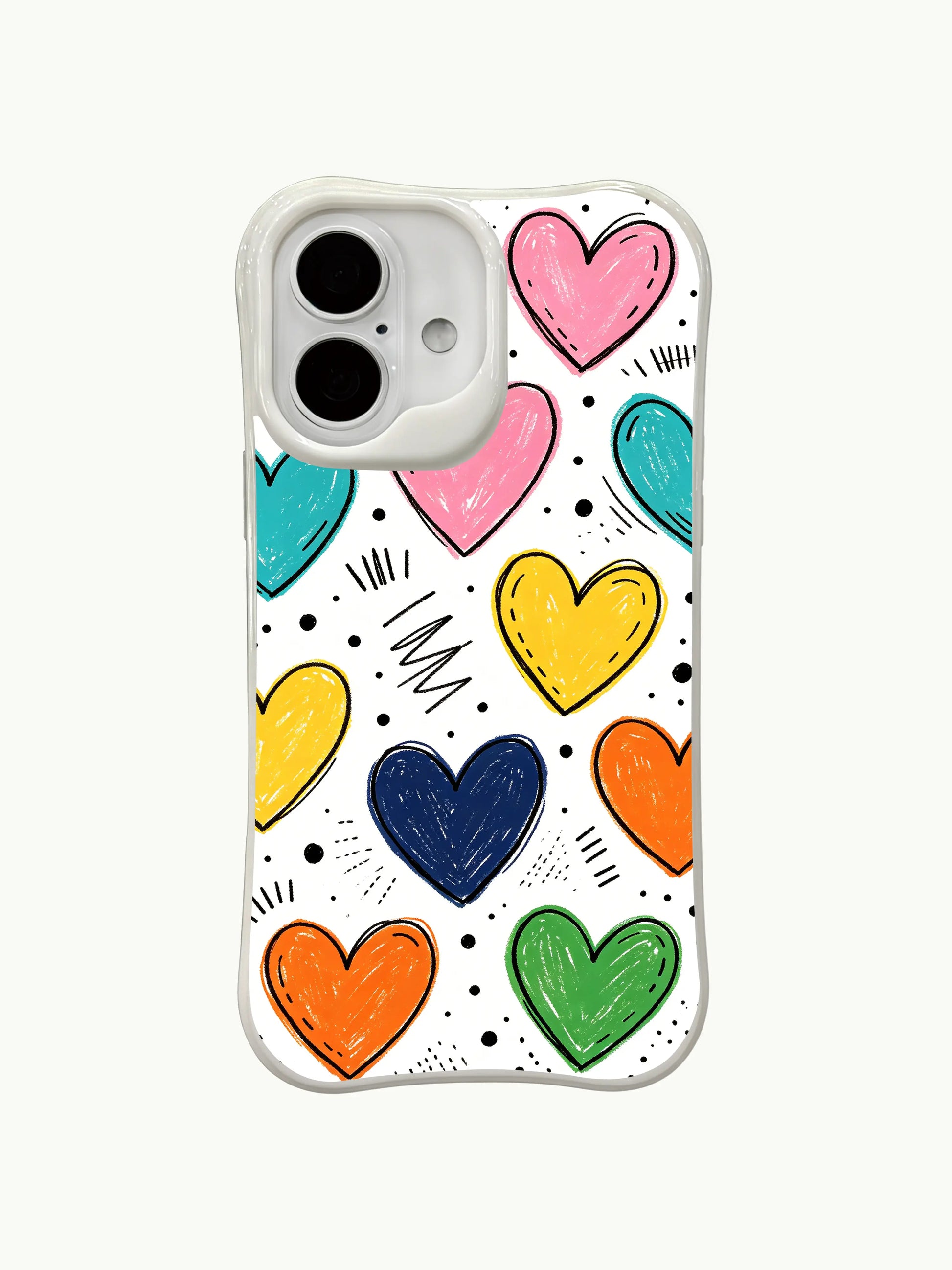 PhoneCasing Textured Doodle Hearts Case for iPhone 16 Plus, a nostalgic iPhone 16 plus casing with colorful hand-drawn hearts and pencil strokes.