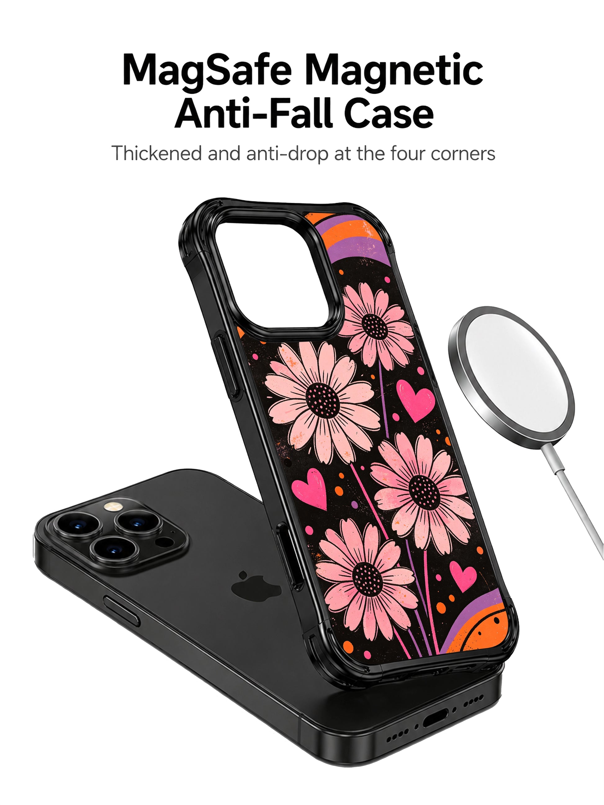 PhoneCasing iPhone 16 pro Case with moody worn vintage scratch grain dark base drifting purple-orange fluid ribbons soft blush daisy tiny concealed pink heart dot pattern, exclusive Ruby Daze design, gallery-quality wavy black frame iPhone 16 pro casing.