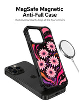 PhoneCasing iPhone 16 pro Case with moody worn vintage scratch grain dark base drifting purple-orange fluid ribbons soft blush daisy tiny concealed pink heart dot pattern, exclusive Ruby Daze design, gallery-quality wavy black frame iPhone 16 pro casing.