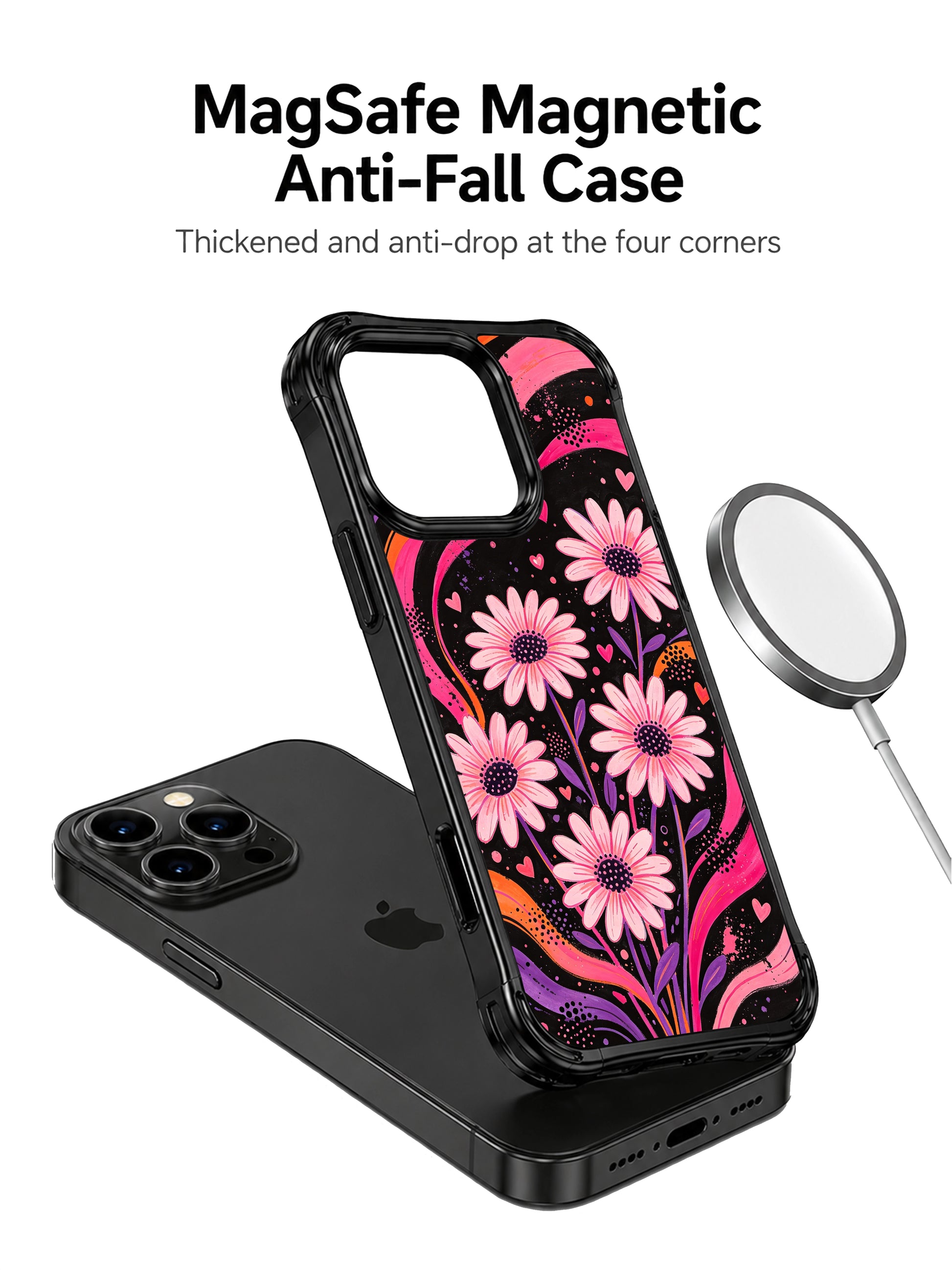 PhoneCasing iPhone 16 pro Case with moody worn vintage scratch grain dark base drifting purple-orange fluid ribbons soft blush daisy tiny concealed pink heart dot pattern, exclusive Ruby Daze design, gallery-quality wavy black frame iPhone 16 pro casing.