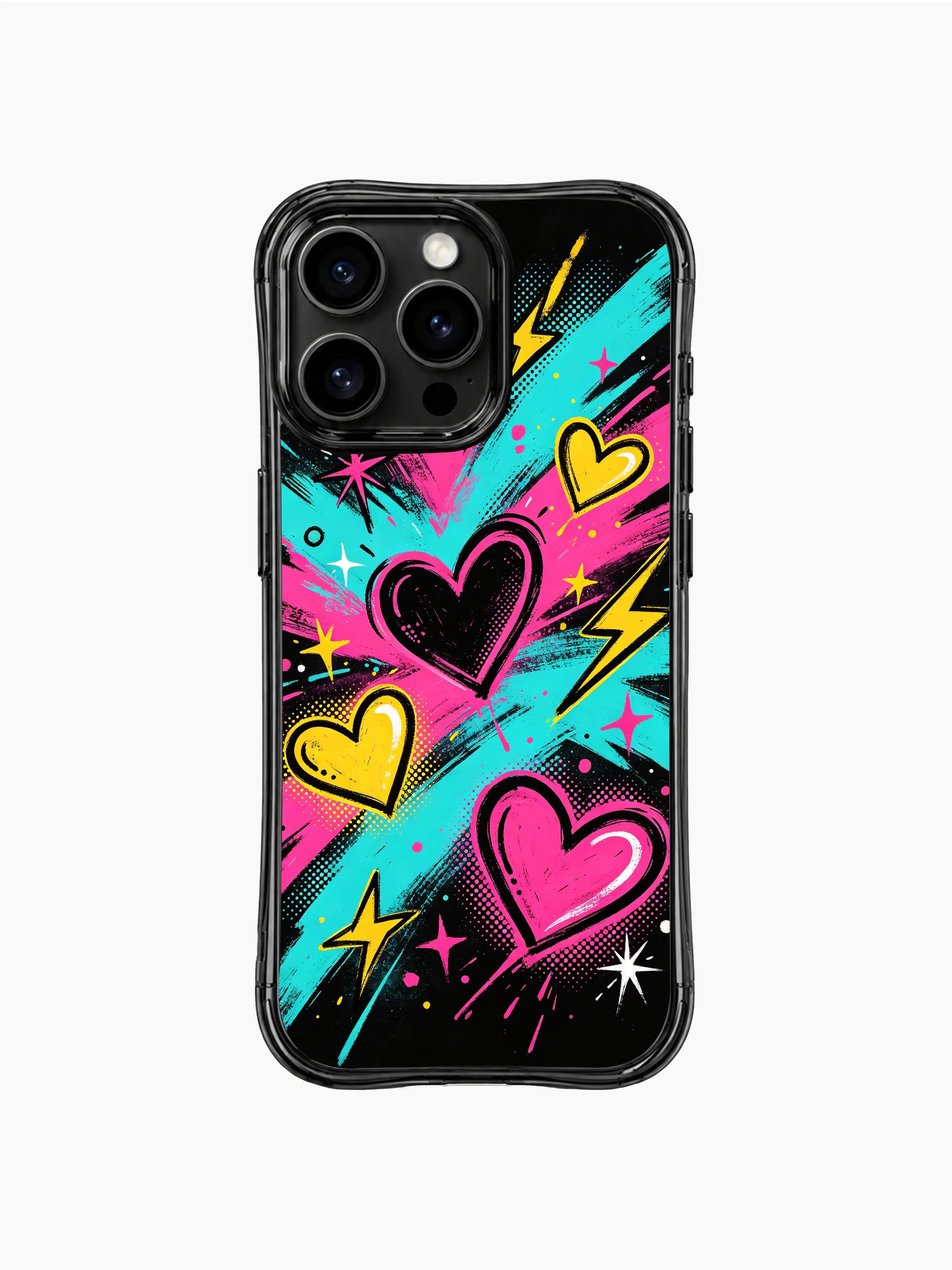 PhoneCasing iPhone 13 Pro Max casing rough grainy grunge black background that makes pink cyan yellow neon heart outlines glow intensely, balanced bold edgy everyday statement phone cover.