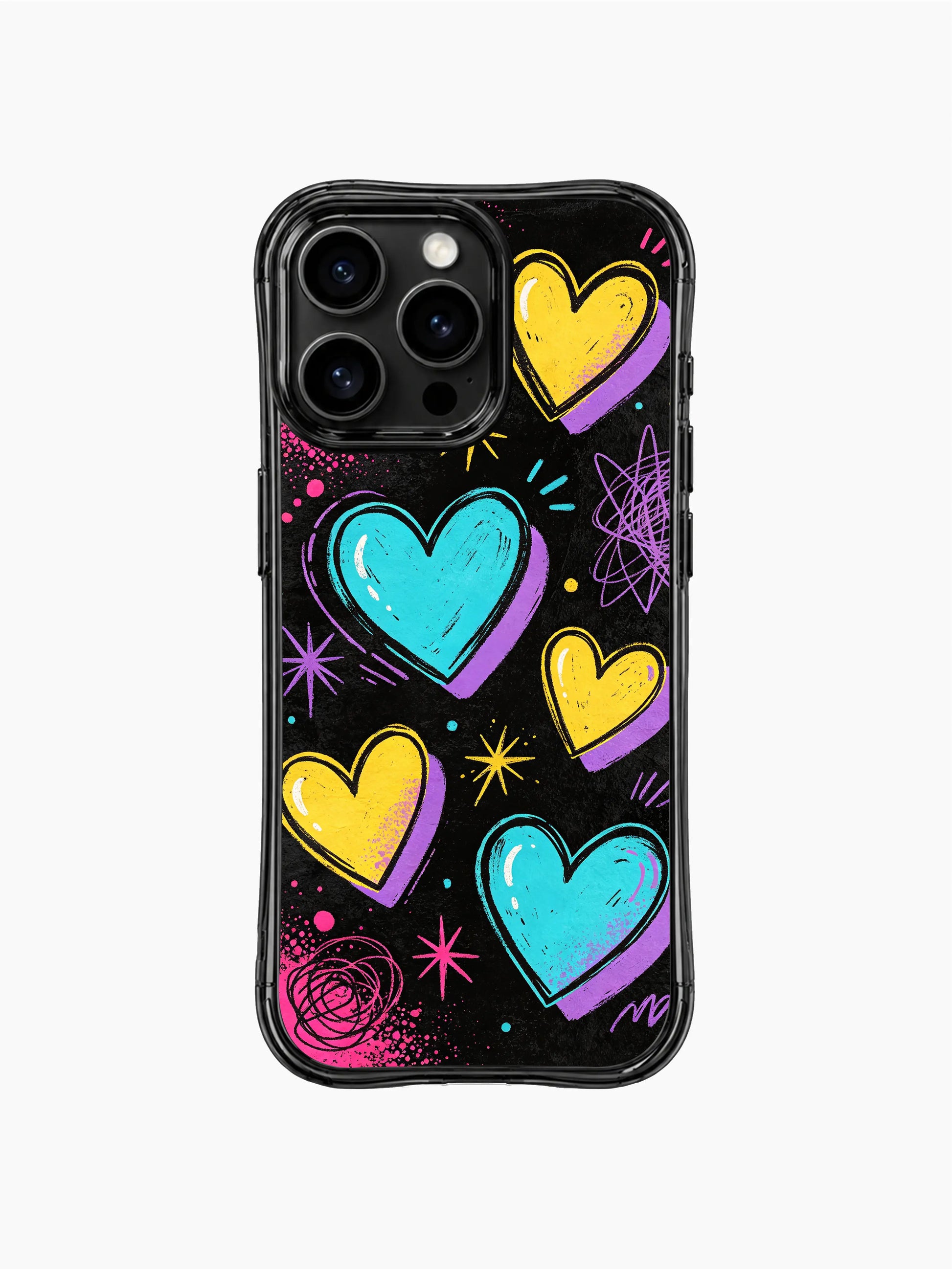 Chaotic unfiltered bubblegum pop PhoneCasing iPhone 13 Pro Max cover, layered sketch hearts in cyan yellow purple, messy scribble loops and pink grain spray noise splashes