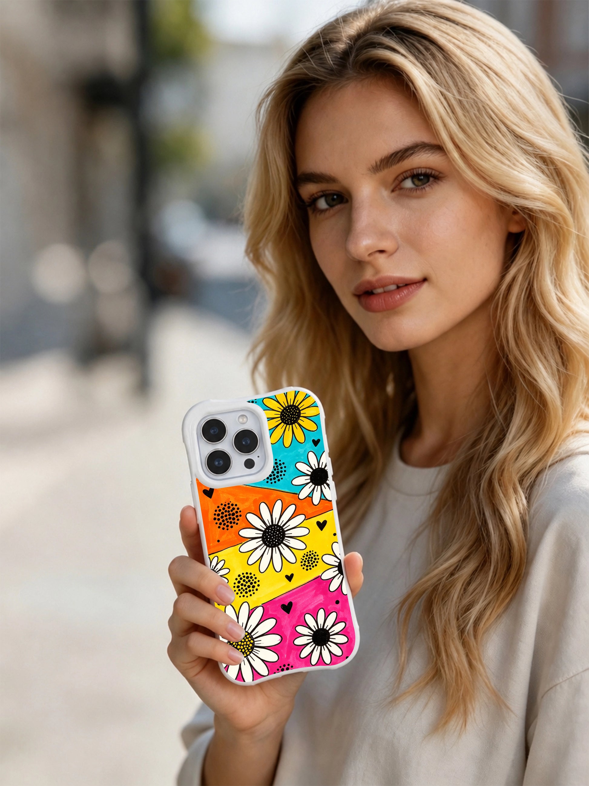 PhoneCasing iPhone 16 pro Case with authentic textured marker wash color blocks and thick rough black marker daisy outlines, exclusive Ruby Daze Daisy Love Carnival floral artwork, scratch resistant phone protection.