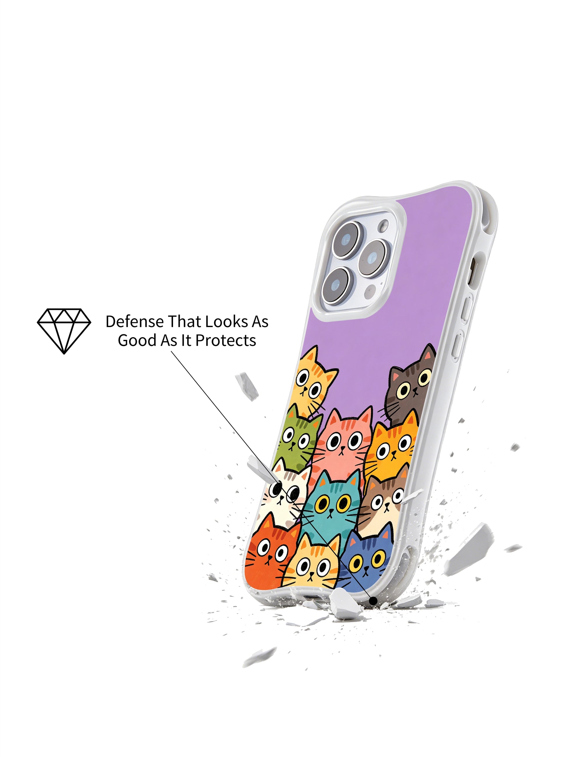 PhoneCasing iPhone 16 pro max clear case showing cats on a bright purple background, capturing playful, theatrical charm.