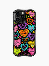PhoneCasing iPhone 13 Pro Max cover thick uneven hand-drawn black outlines for every mismatched heart, layered random LOVE letter accents, energetic crush pop art phone case.