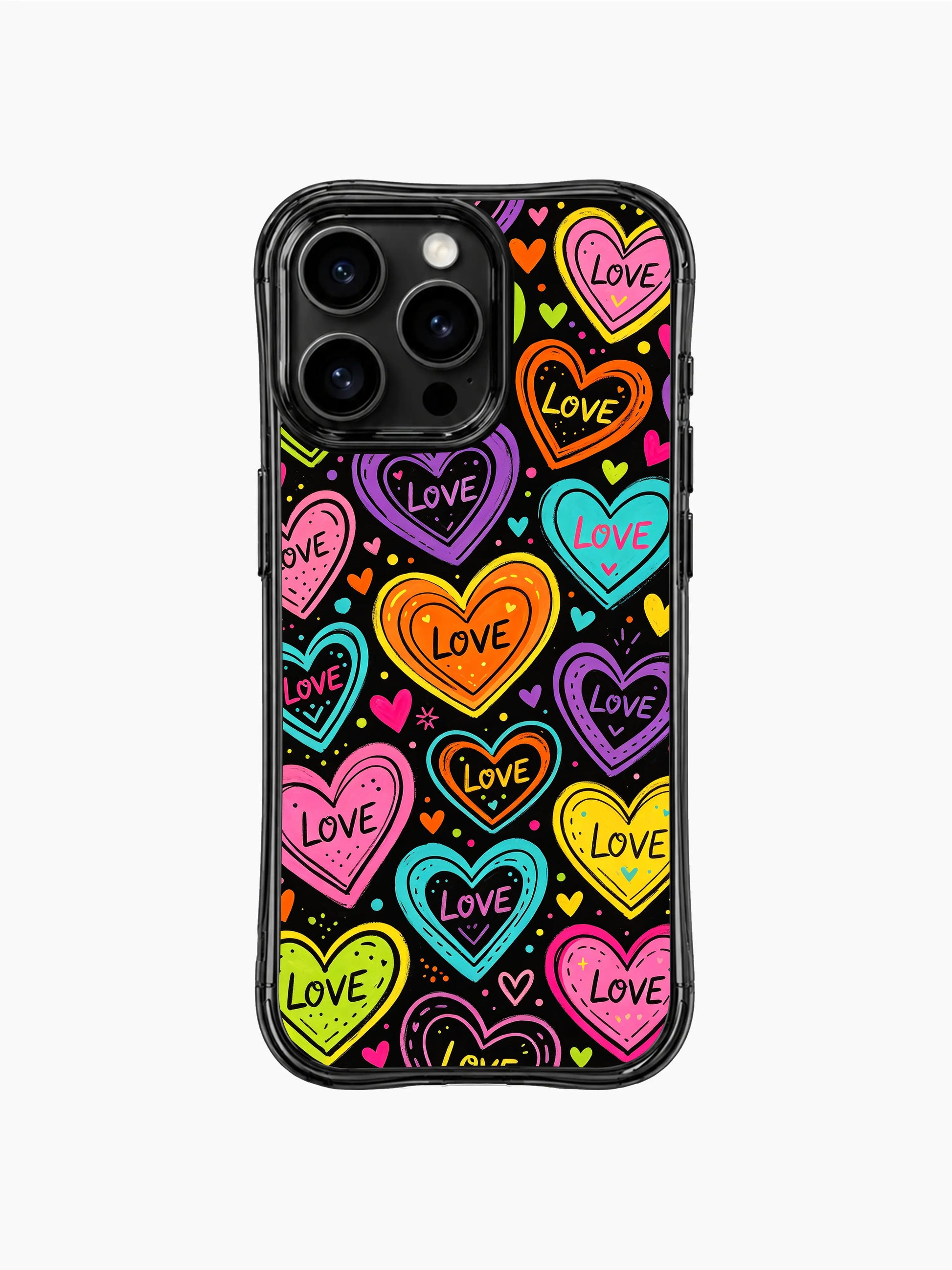 PhoneCasing iPhone 13 Pro Max cover thick uneven hand-drawn black outlines for every mismatched heart, layered random LOVE letter accents, energetic crush pop art phone case.