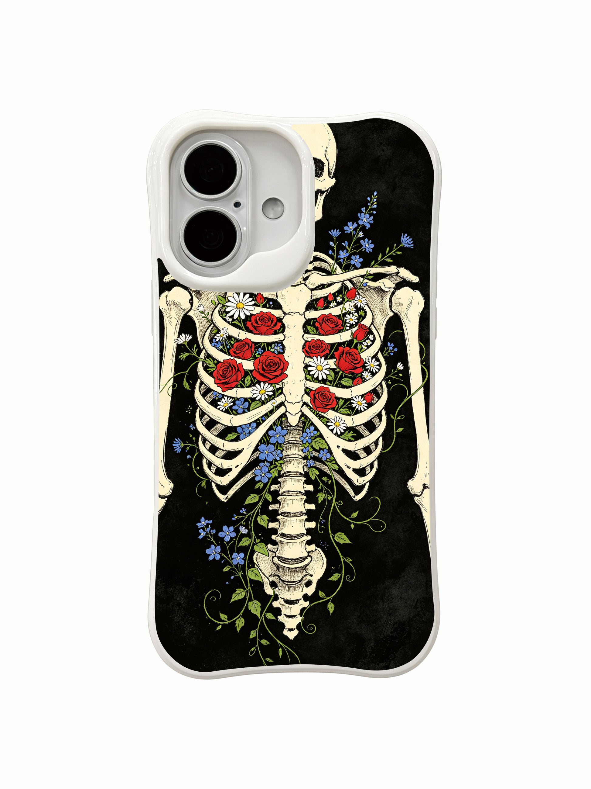 PhoneCasing thorax nursery dark cage skeleton iPhone 16 Case, mixed seasonal flowers rooting inside rib bones with vintage worn black backdrop, fade resistant durable daily-use iPhone 16 casing