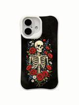 PhoneCasing Thorax Wild Garden skeleton iPhone 16 Case, abundant perennial flowers growing around skeletal ribcage with vintage worn black backdrop, UV-printed durable daily-use iPhone 16 casing