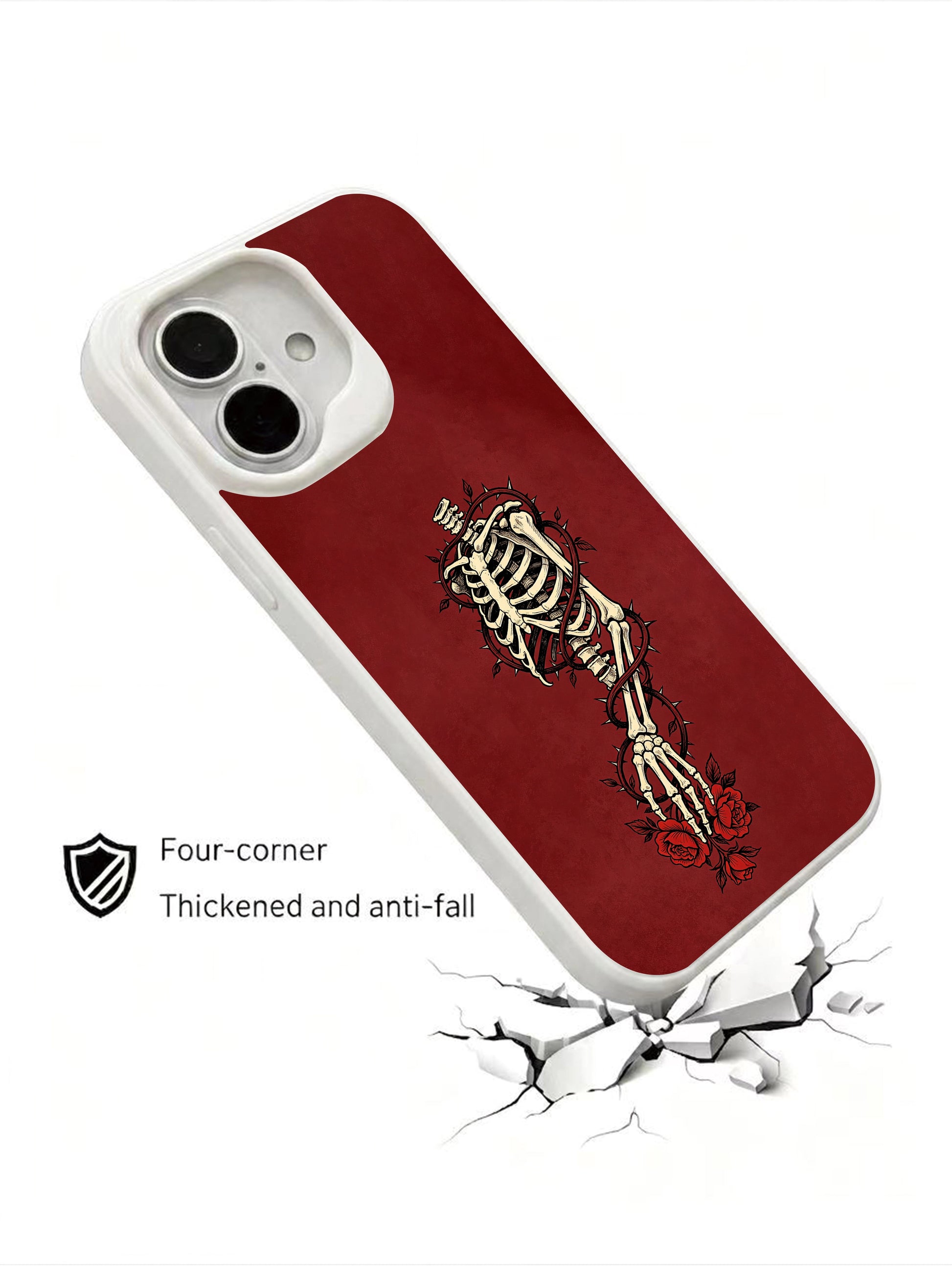 PhoneCasing Thorn Path self-growth goth iPhone 16 Case, dark academia skeleton illustration with rose flourishing from thorny bondage, four-corner anti-drop reinforced casing USA-made