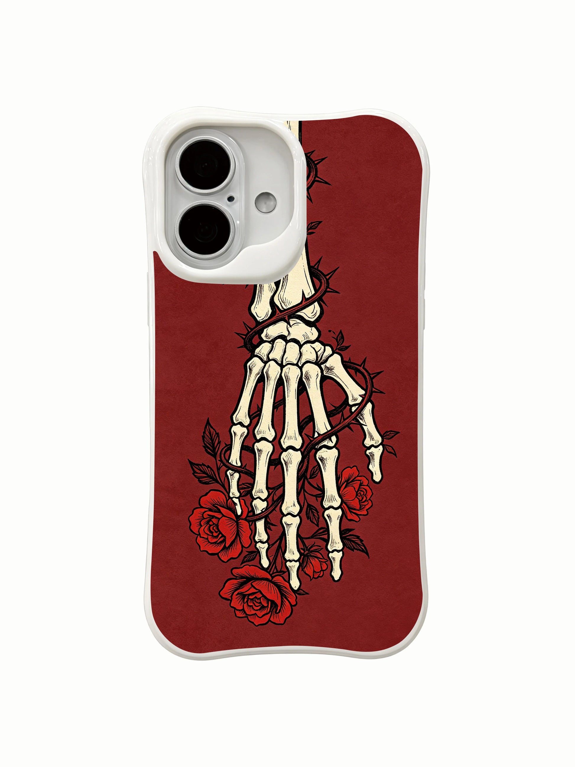 PhoneCasing Thorn Road morbid botanical iPhone 16 Case, exclusive Morrigan Vale art with barbed thorn vines curling around skeletal bones and blooming red roses, fade proof custom printed protective iPhone 16 cover