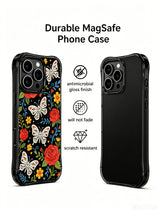 PhoneCasing iPhone 16 pro max Case featuring three sugar skull butterflies with tiny hearts and flowers, framed by red roses, yellow blooms and green leaves, whimsical folk design for iPhone 16 pro max casing.