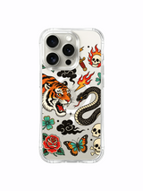 Tiger and serpent with three lightning clusters, skull and roses artwork on an iPhone 15 Pro case