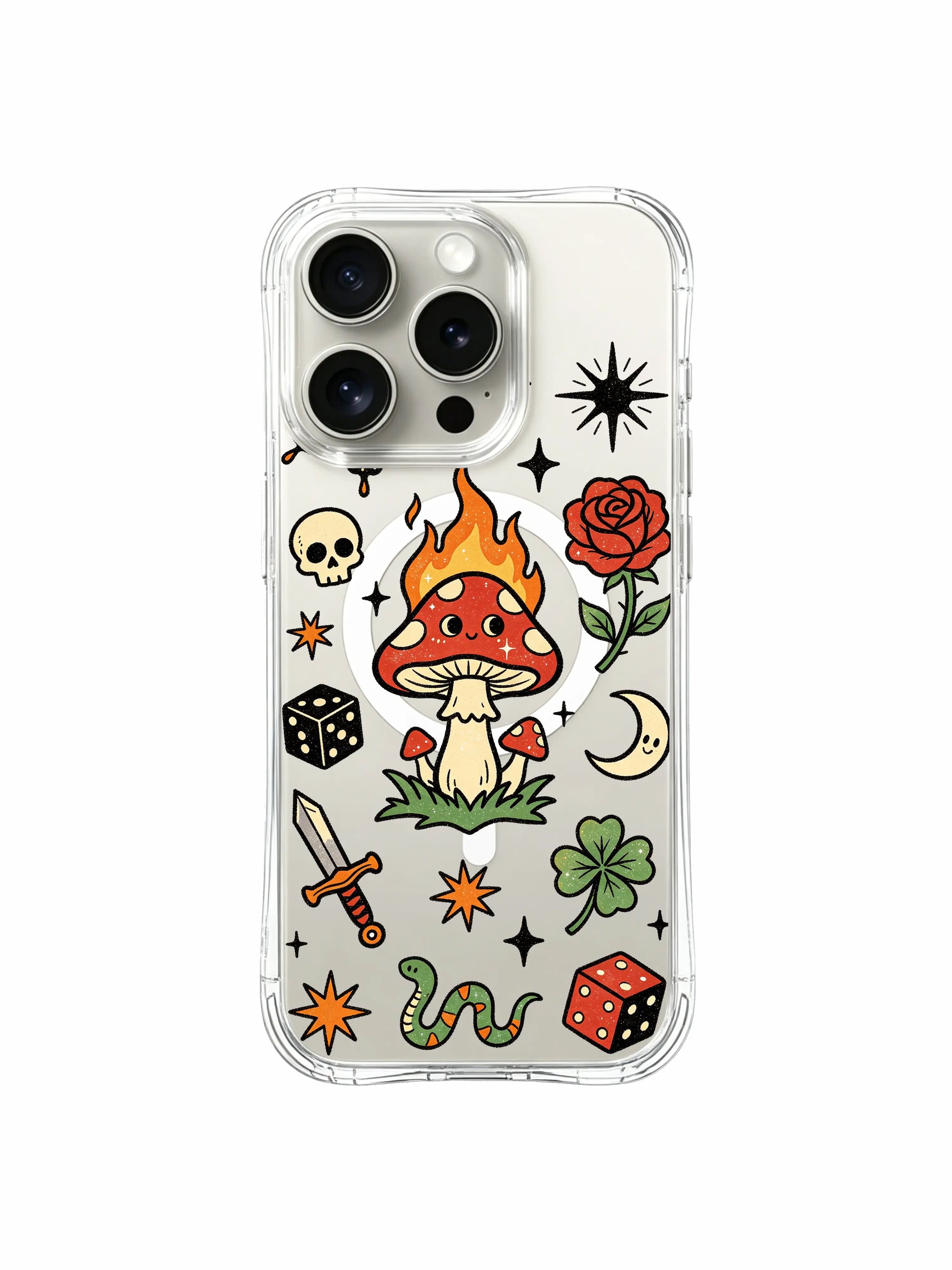 PhoneCasing iPhone 15 pro Case clustered three-point orange stars, solid red dice, butterfly-free artwork with glowing fortune mushroom, scratch-proof transparent iPhone 15 pro casing.