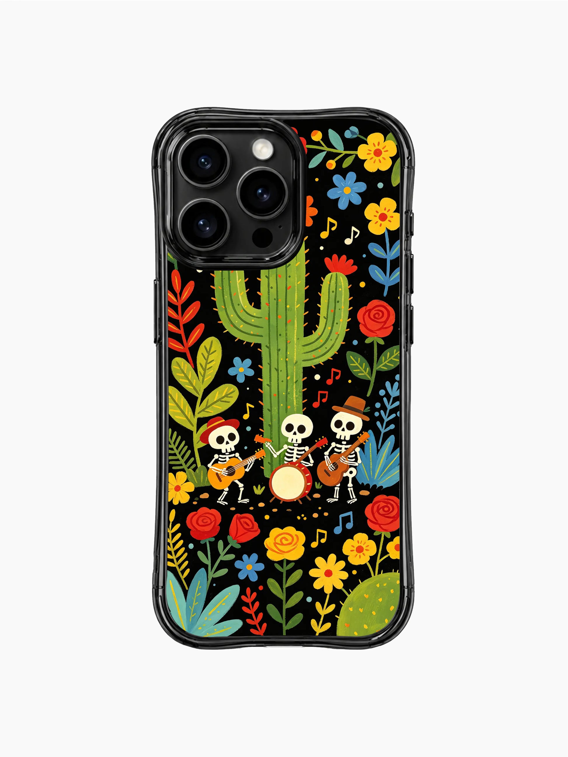 PhoneCasing iPhone 16 pro max Case with three skeletons playing guitars beside a tall blooming cactus, surrounded by bright desert flowers and green foliage, cheerful folk art print, stylish iPhone 16 pro max casing.