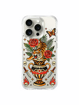 PhoneCasing iPhone 15 pro Case clustered three-point stars, double bottom flame skulls, vintage old school tiger popping from floral vase, USA manufactured durable art phone casing.