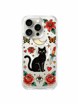 Moon cat with stars and two lipstick daggers artwork on an iPhone 15 Pro case