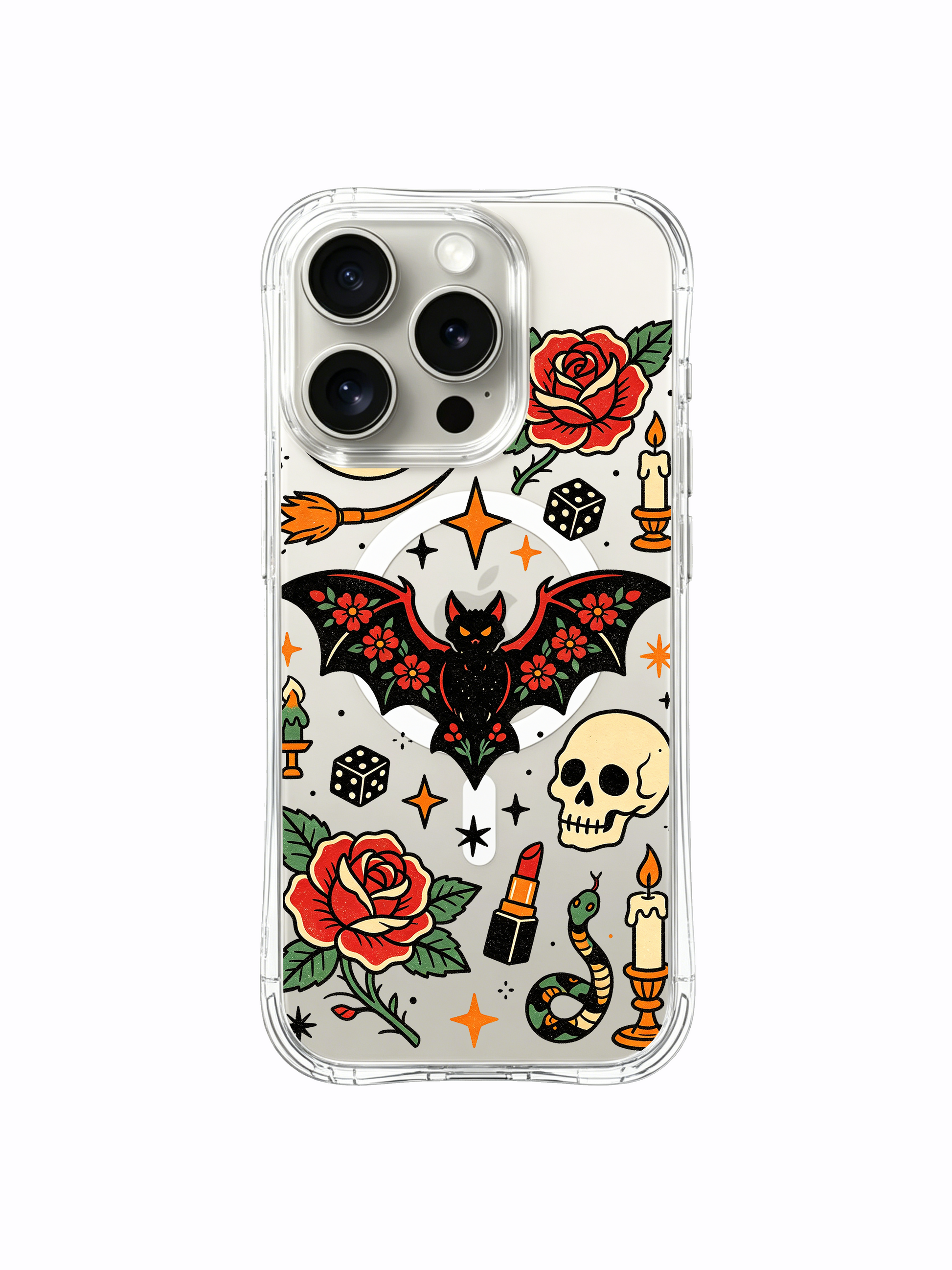 PhoneCasing iPhone 15 pro Case clustered orange three-point stars, top small candle detail, old school floral bat wrapped with red rose, USA manufactured durable art iPhone 15 pro casing.
