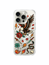 Eagle with stars, flame and rose petals artwork on an iPhone 15 Pro case